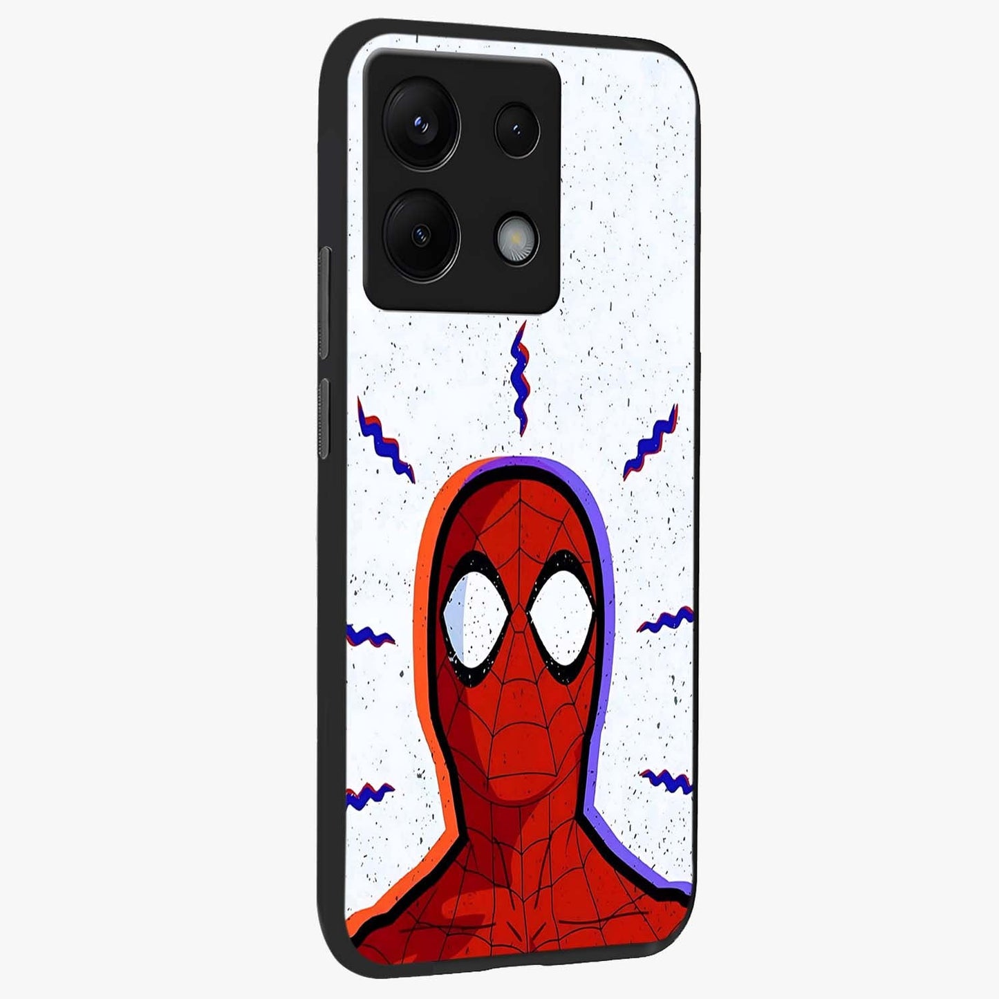 Omg Spiderman Glass Case upright view showcasing energetic superhero artwork with vibrant comic theme.