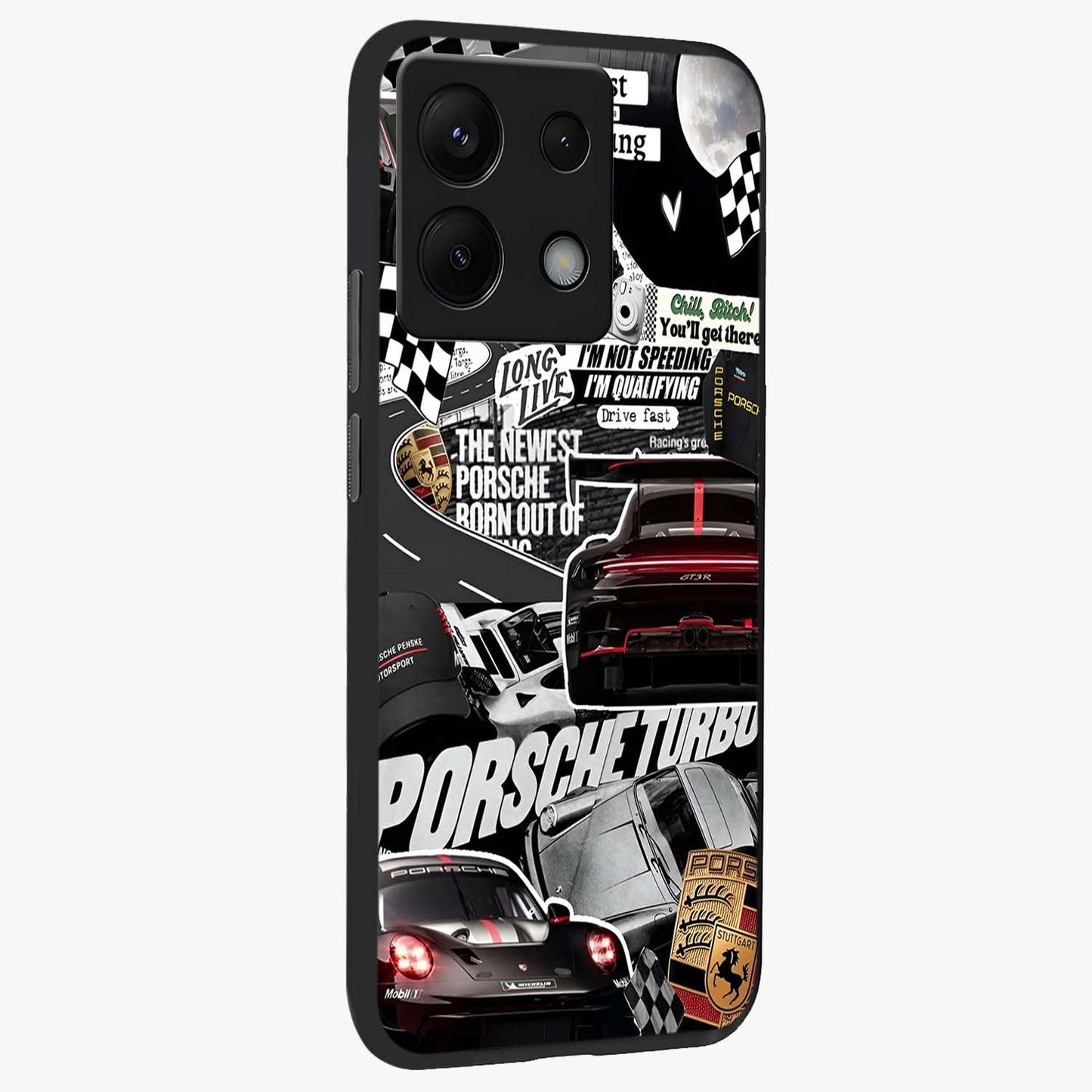 Porsche Racing Collage Glass Case upright view showcasing energetic car collage artwork with high speed racing theme.
