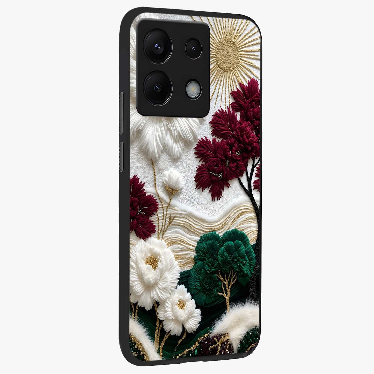 Radiant Bloom Elegance Glass Case upright view showcasing decorative flower artwork with refined botanical theme.