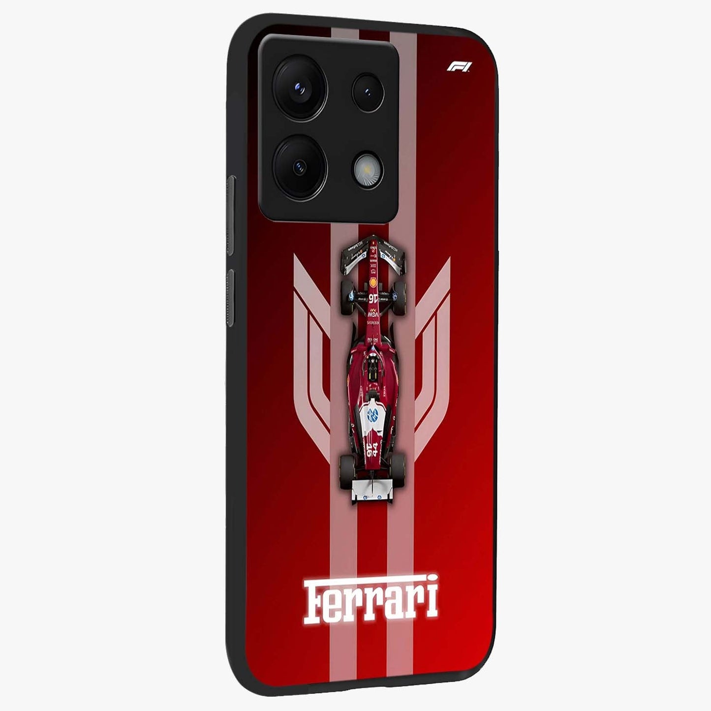 Red Ferrari F1 Vertical Glass Case upright view showcasing powerful Formula car artwork with dynamic motorsport theme.