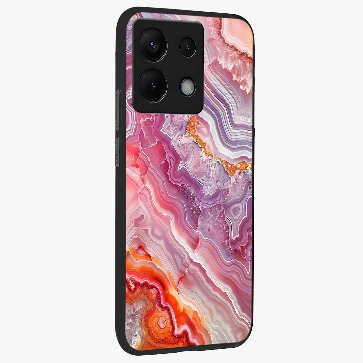 Rose Quartz Marble Glass Case upright view showcasing decorative marble artwork with luxurious pastel theme.