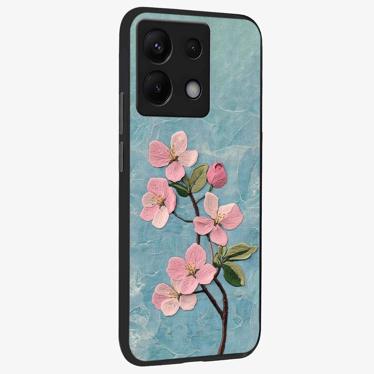 Threaded Blossom Breeze Glass Case upright view showcasing graceful flower artwork with calm botanical theme.
