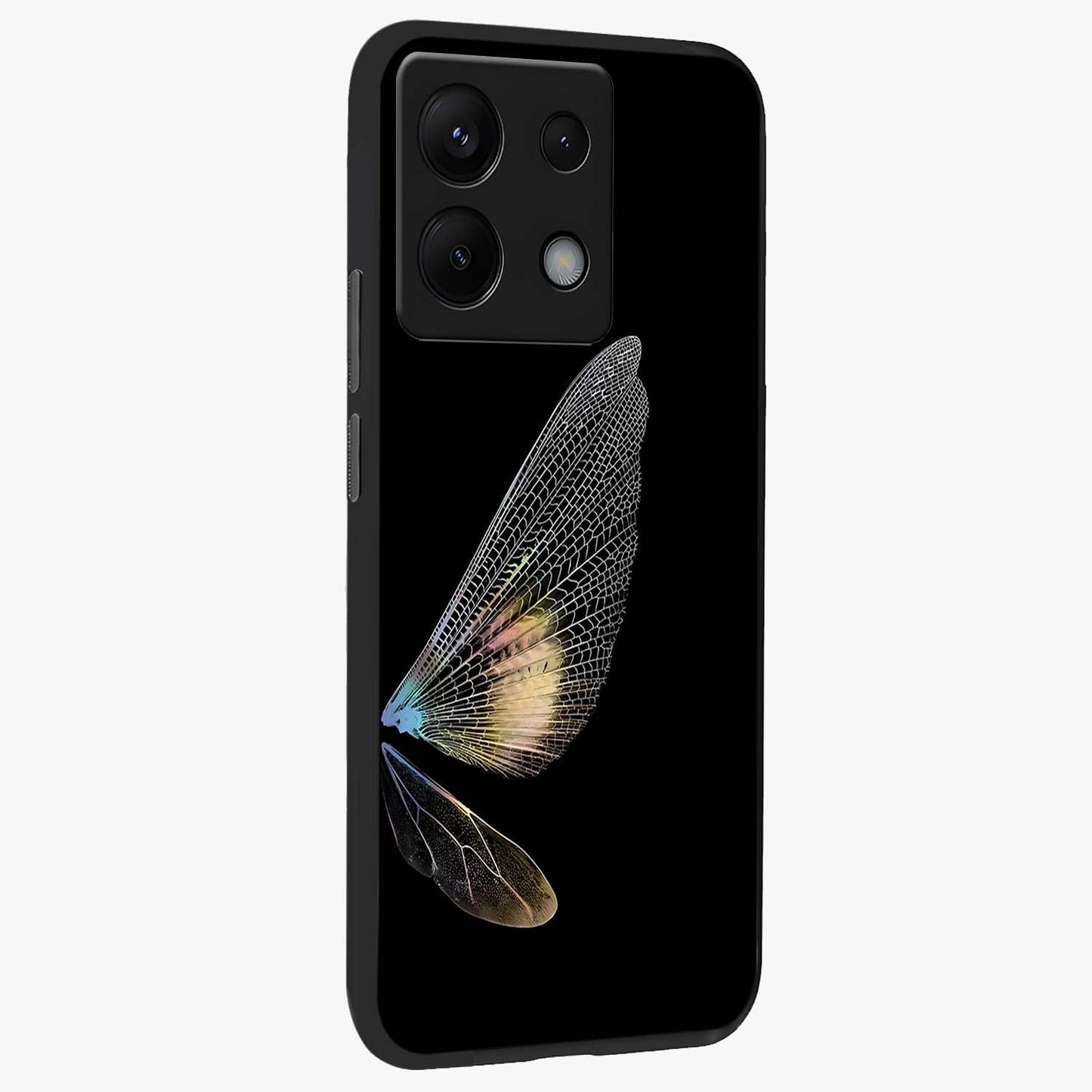 Whispers Of Wings Glass Case upright view showcasing elegant wing artwork with light airy theme.