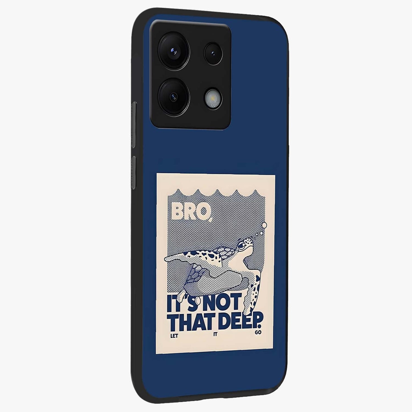 Worry Less Swim Glass Case upright view showcasing cheerful artistic artwork with carefree inspirational theme.