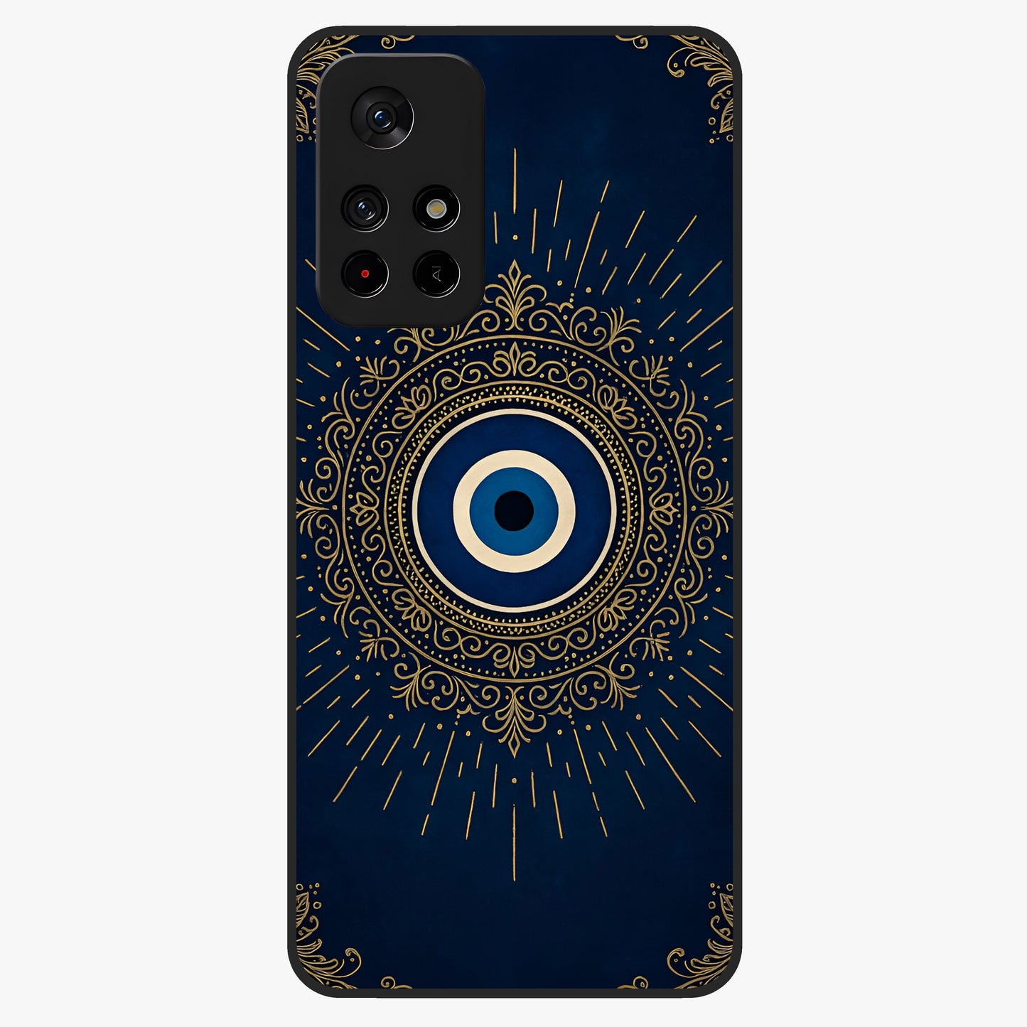 Golden Celestial Charm Glass Case upright view showcasing radiant celestial artwork with elegant golden theme.