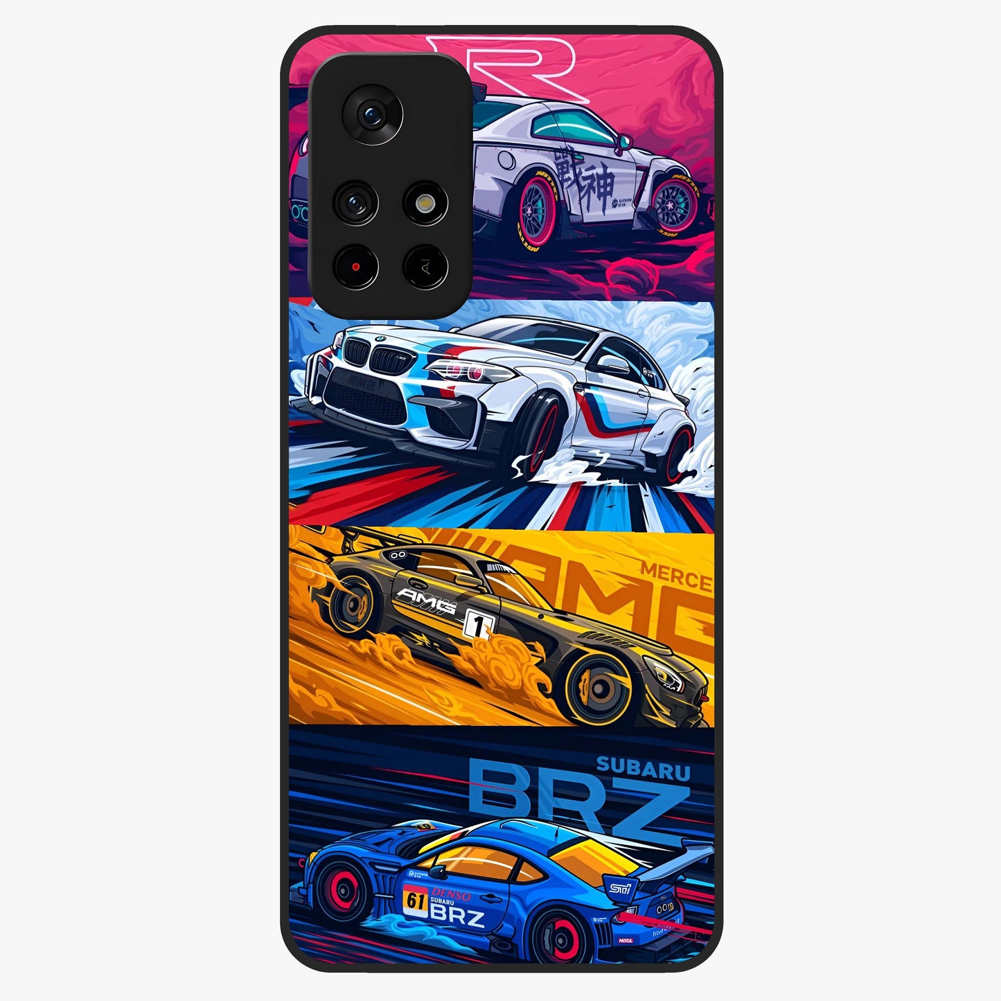 JDM Sports Car Glass Case upright view showcasing dynamic sports car artwork with bold racing theme.