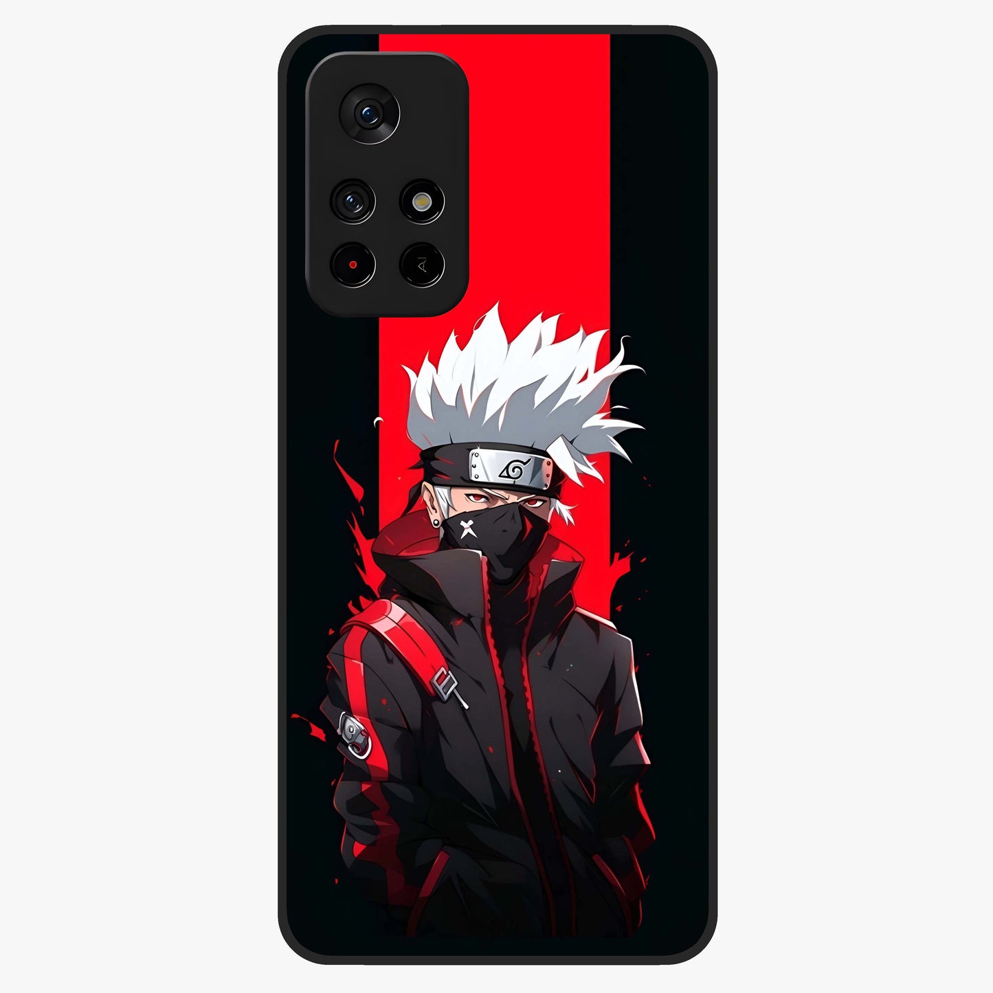Kakashi Scarlet Shadow Glass Case upright view showcasing intense anime ninja artwork with dark action theme.