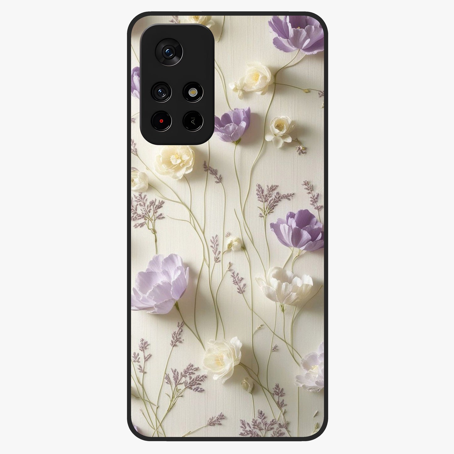 Lilac Breeze Harmony Glass Case upright view showcasing delicate lilac artwork with peaceful floral theme.
