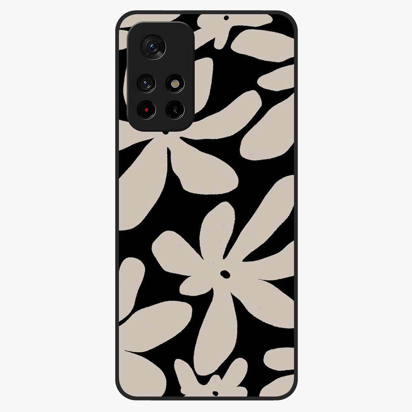 Monochrome Petal Dance Glass Case upright view showcasing artistic floral pattern with stylish monochrome theme.