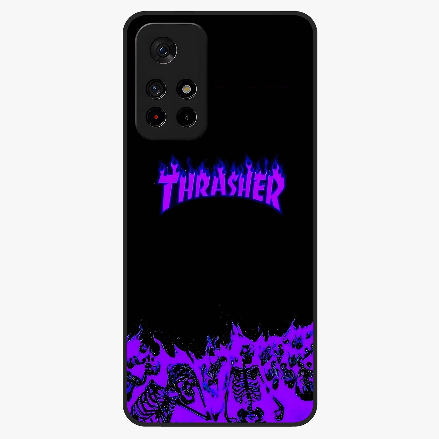 Neon Flame Riot Glass Case upright view showcasing dynamic flame artwork with energetic neon theme.