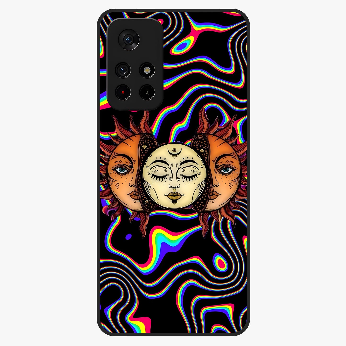Psychedelic Sun Glass Case upright view showcasing trippy sun artwork with bold psychedelic theme.