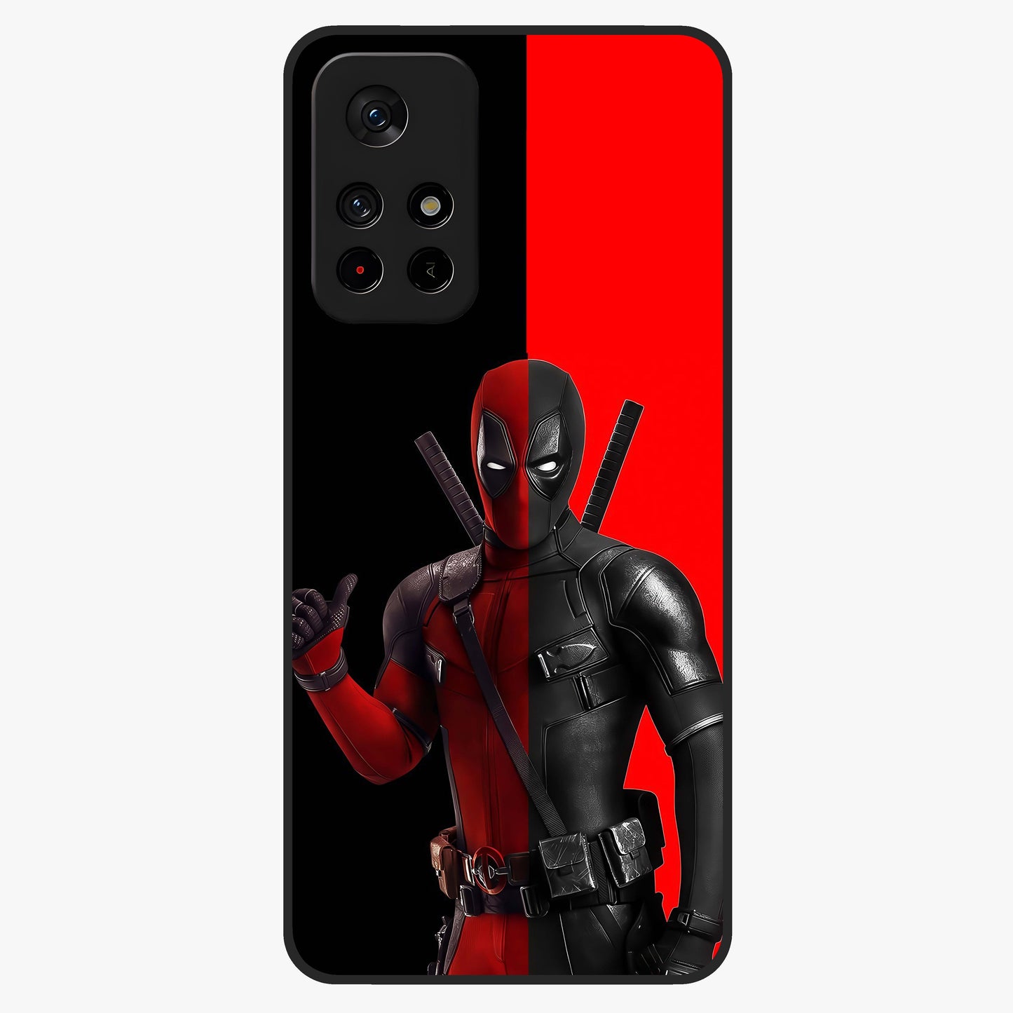 Red & Black Deadpool Theme Glass Case upright view showcasing energetic comic themed artwork with striking red and black design.