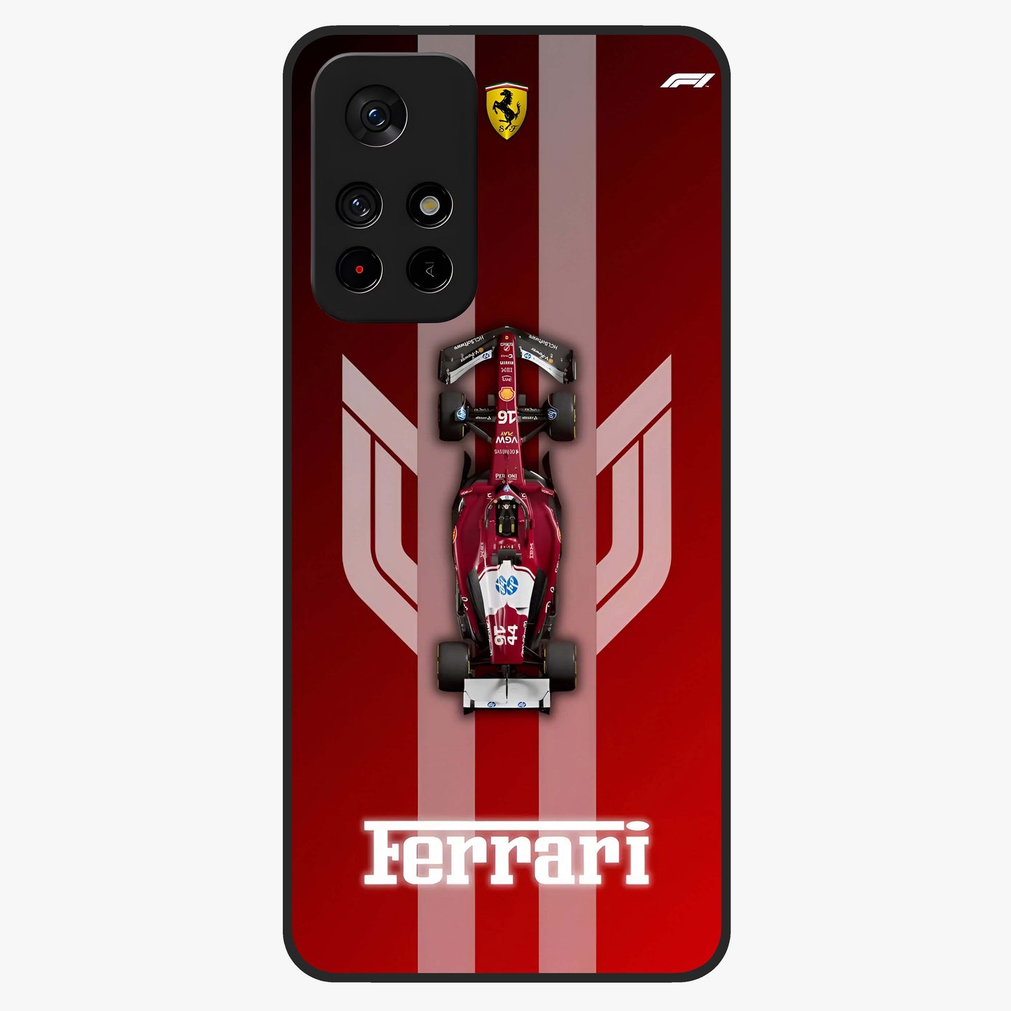 Red Ferrari F1 Vertical Glass Case upright view showcasing powerful Formula car artwork with dynamic motorsport theme.