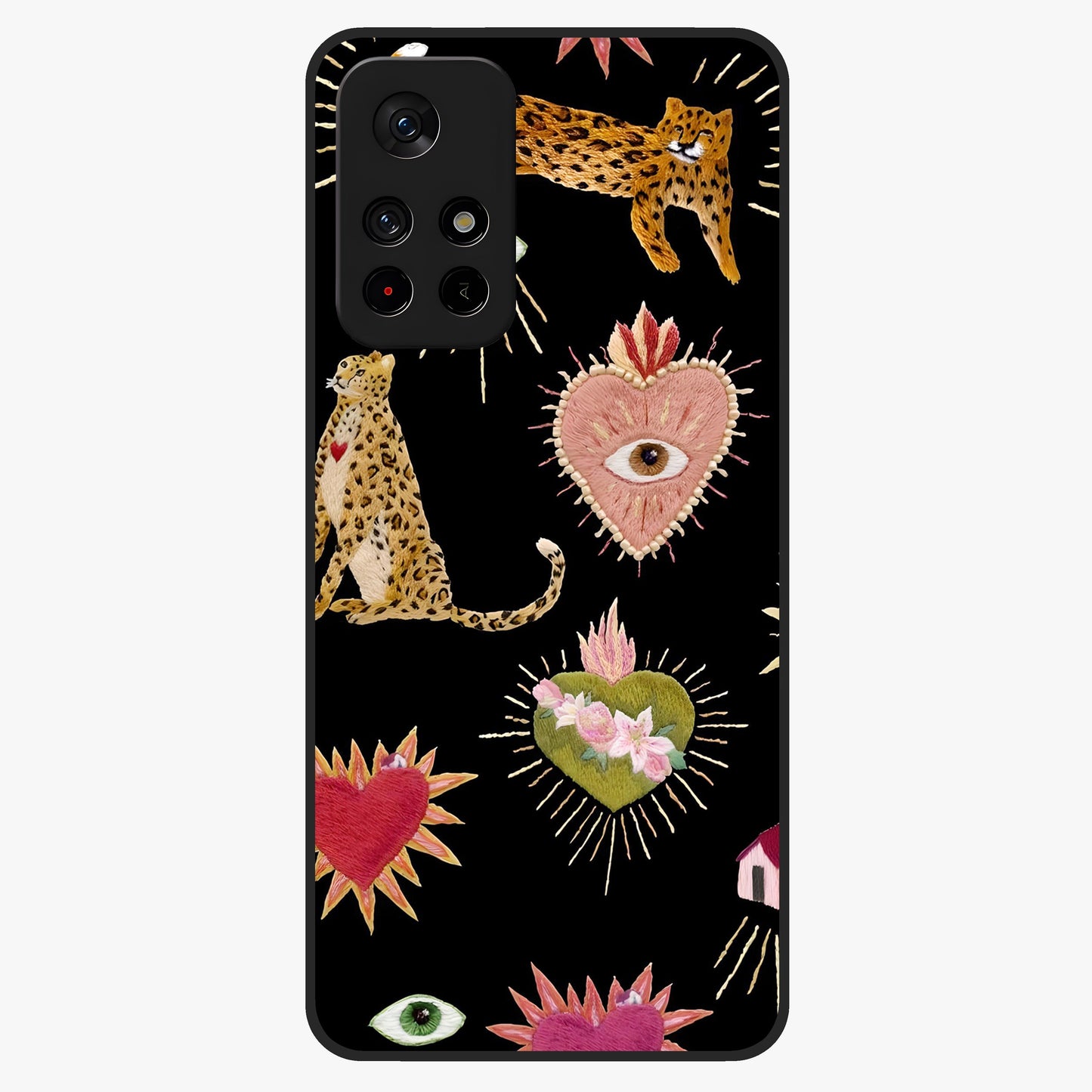Sacred Jungle Heart Glass Case upright view showcasing vibrant jungle artwork with symbolic heart theme.