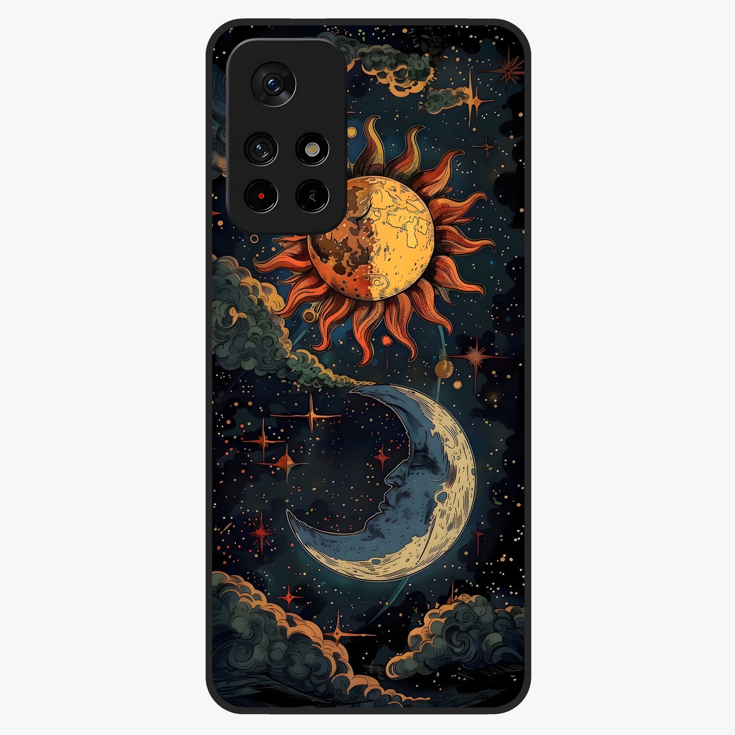 Sun And Moon Magic Design Glass Case upright view showcasing decorative sun and moon artwork with spiritual celestial theme.
