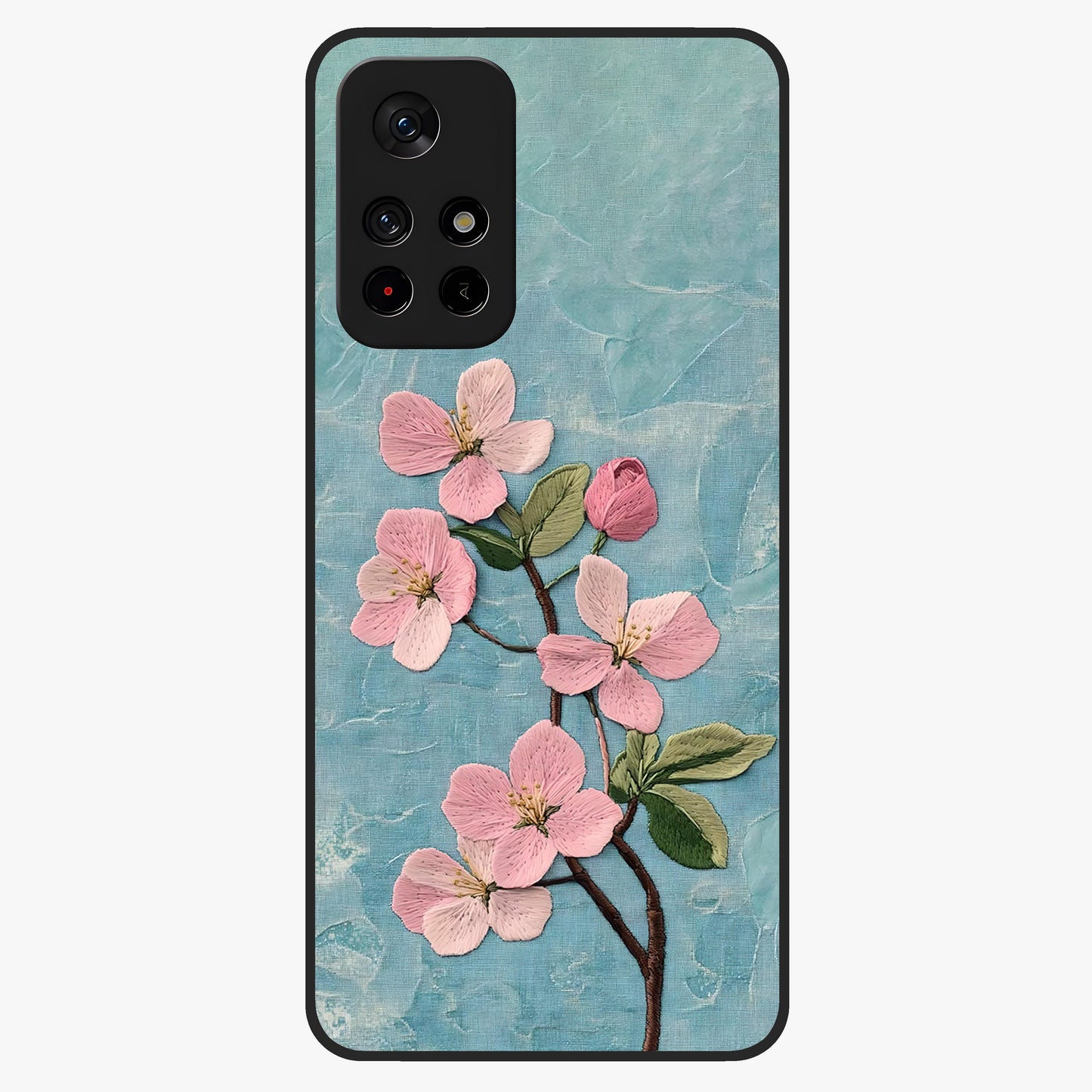 Threaded Blossom Breeze Glass Case upright view showcasing graceful flower artwork with calm botanical theme.