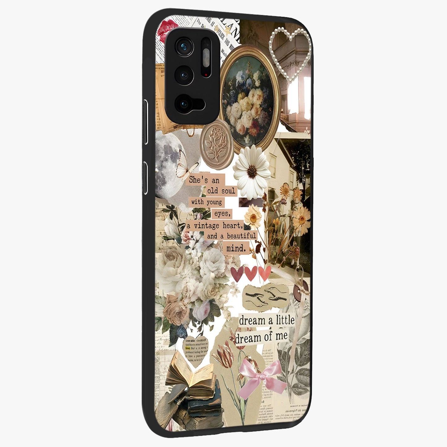 Aesthetic Brown Vintage Collage Glass Case upright view showcasing nostalgic retro artwork with stylish vintage theme.