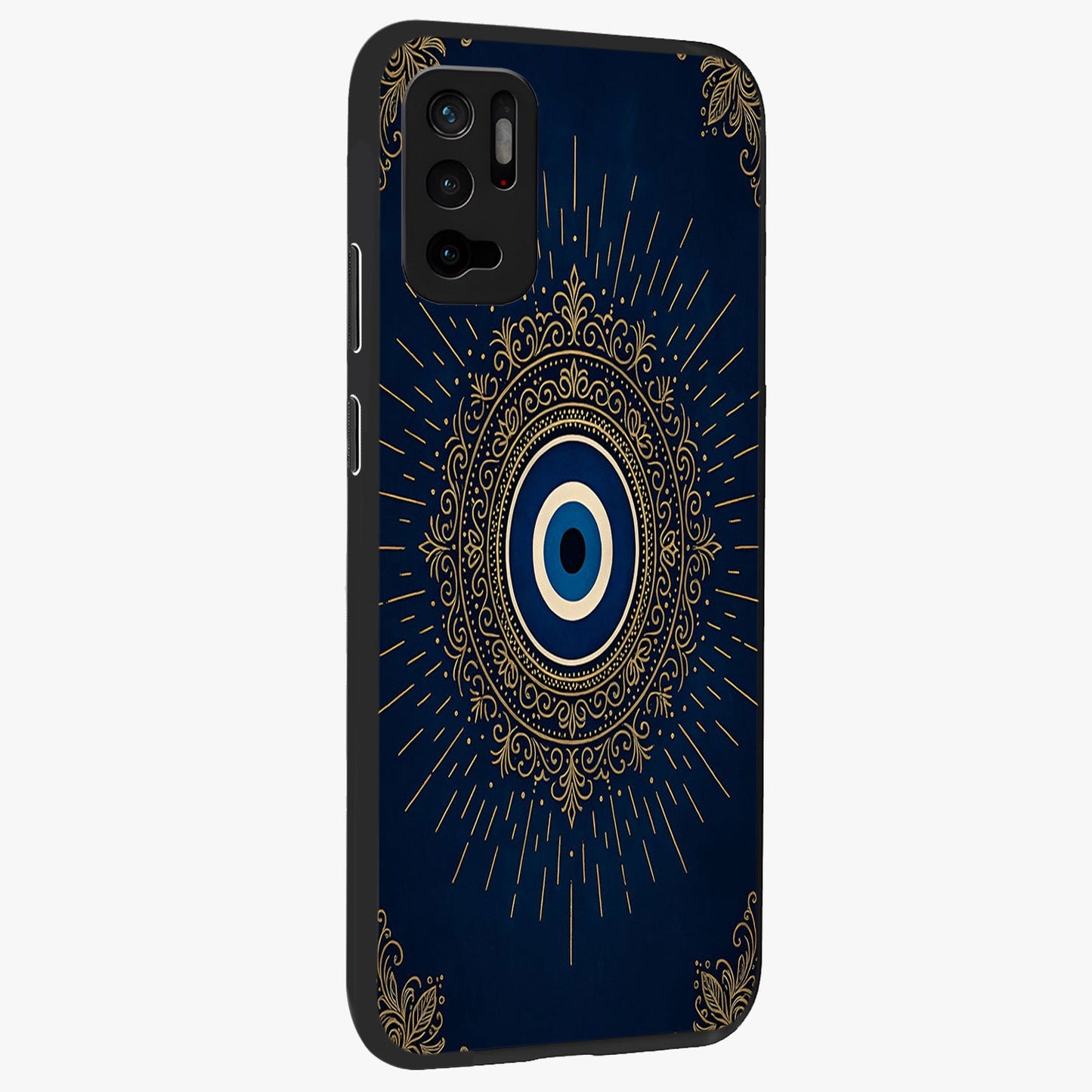 Golden Celestial Charm Glass Case upright view showcasing radiant celestial artwork with elegant golden theme.