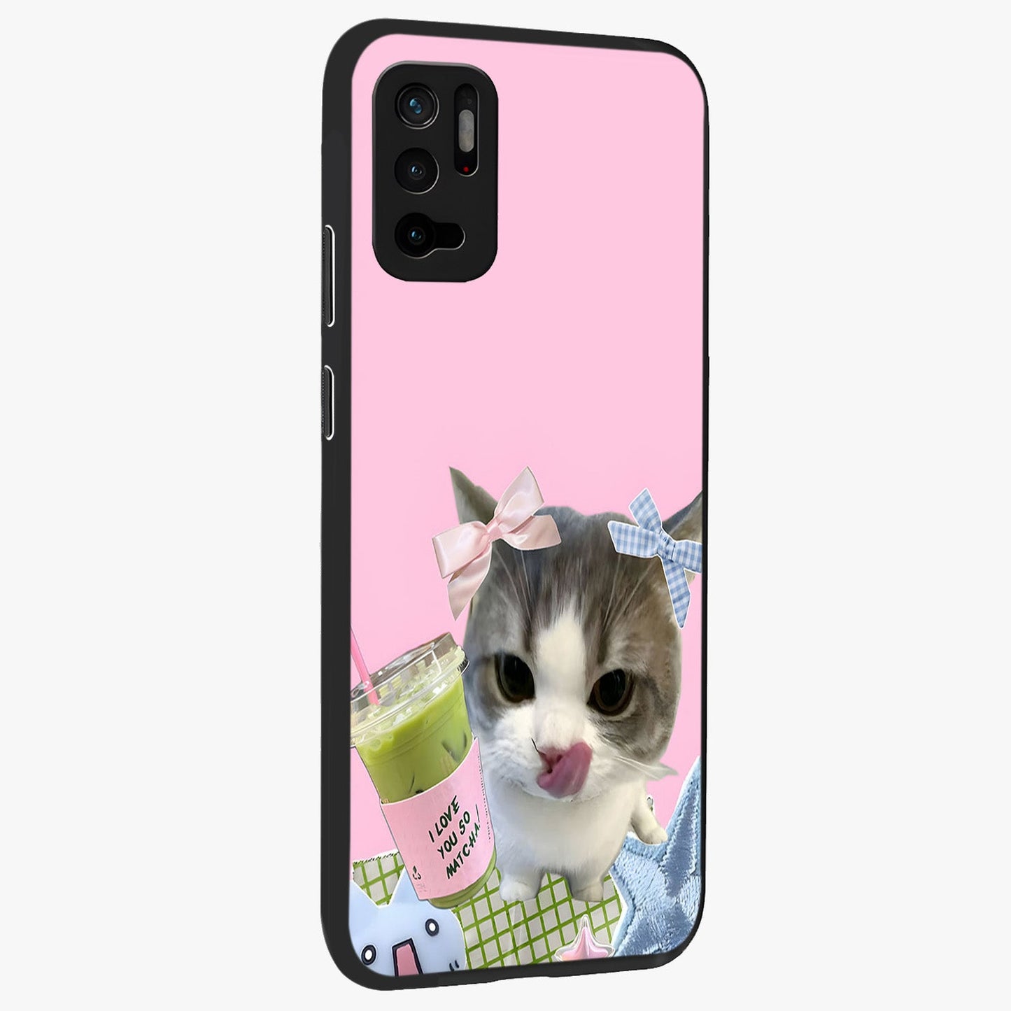 Love Matcha Cat Glass Case upright view showcasing adorable cat artwork with charming matcha themed design.