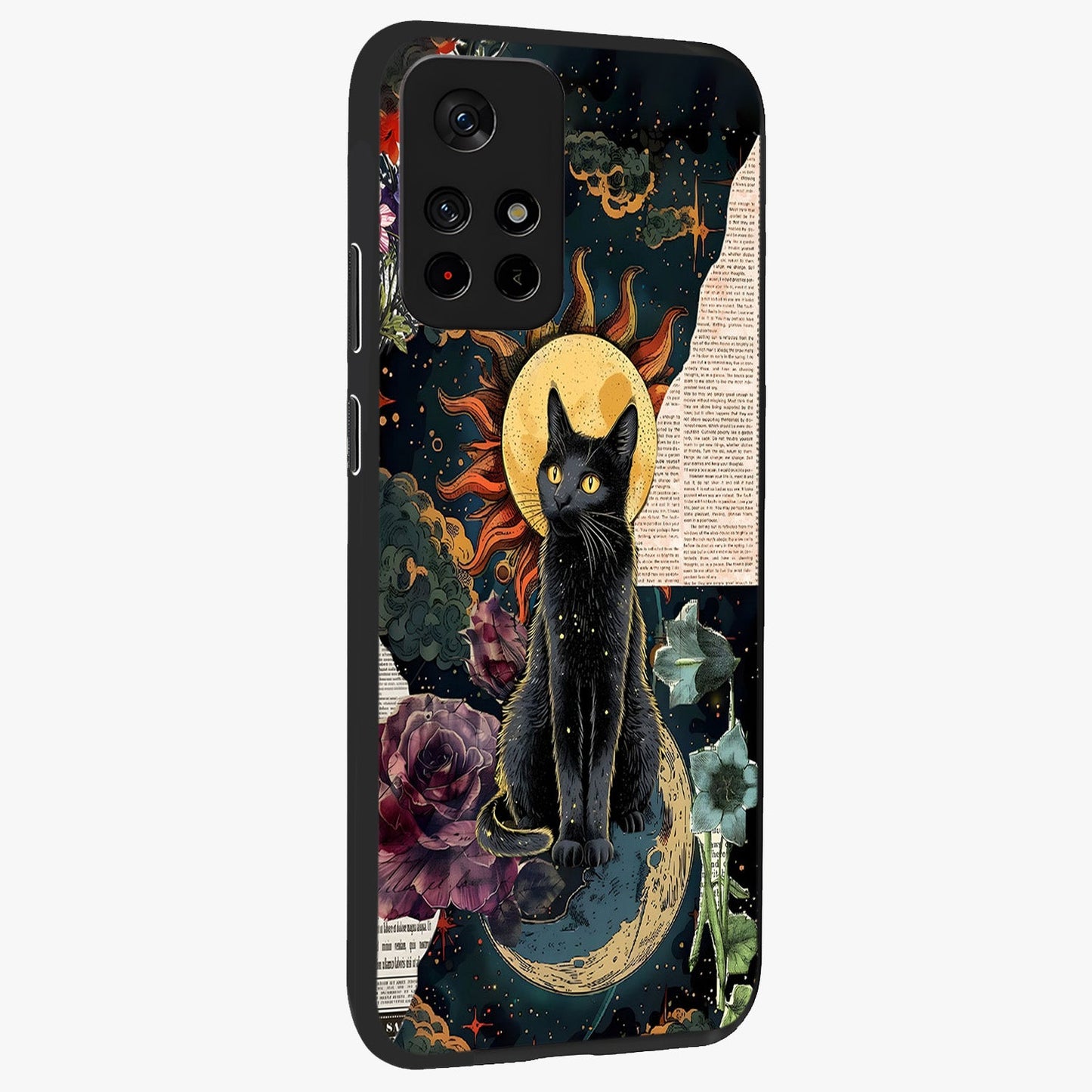 Celestial Black Cat Glass Case upright view showcasing magical black cat illustration with starry cosmic theme.