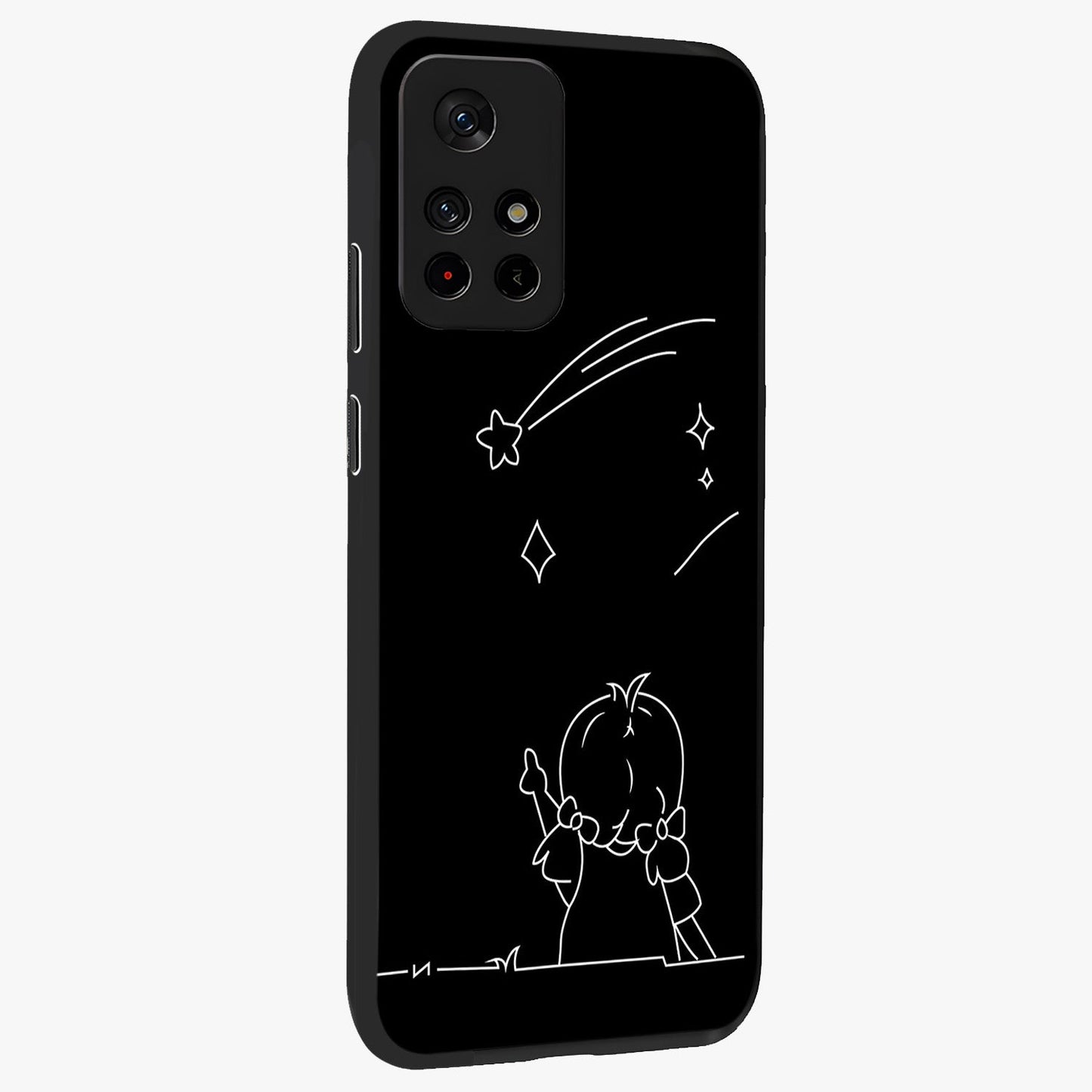 Line Art Girl With Shooting Stars Glass Case upright view showcasing delicate shooting stars artwork with minimal artistic theme.
