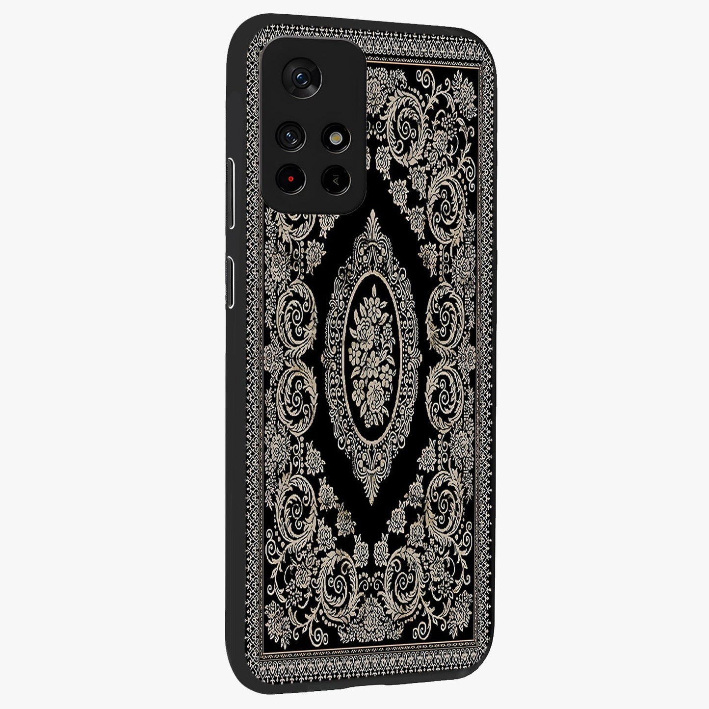 Noir Bloom Elegance Glass Case upright view showcasing graceful floral artwork with luxurious dark theme.