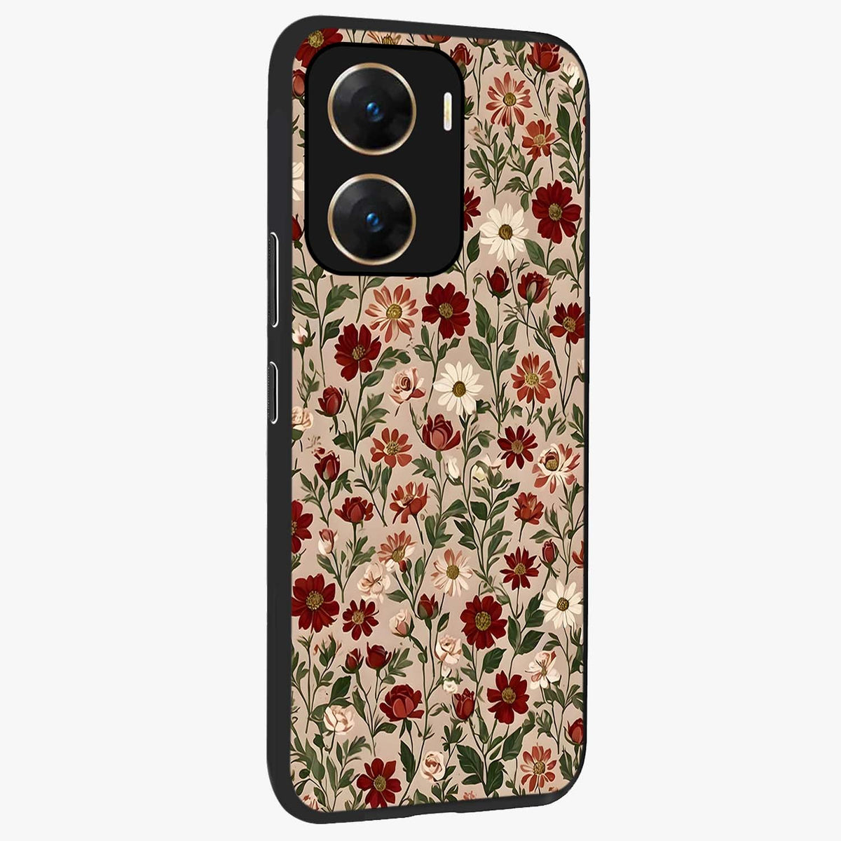 Biege Flower With Leaf Glass Case upright view showcasing delicate beige flower illustration with clean botanical style.