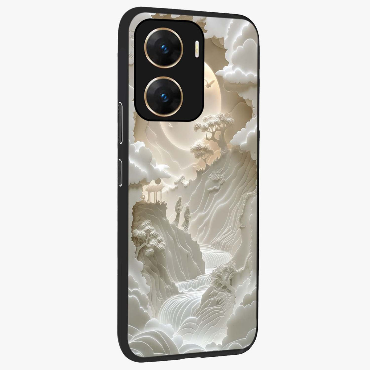 Celestial Origami Glass Case upright view showcasing creative origami artwork with modern celestial style.
