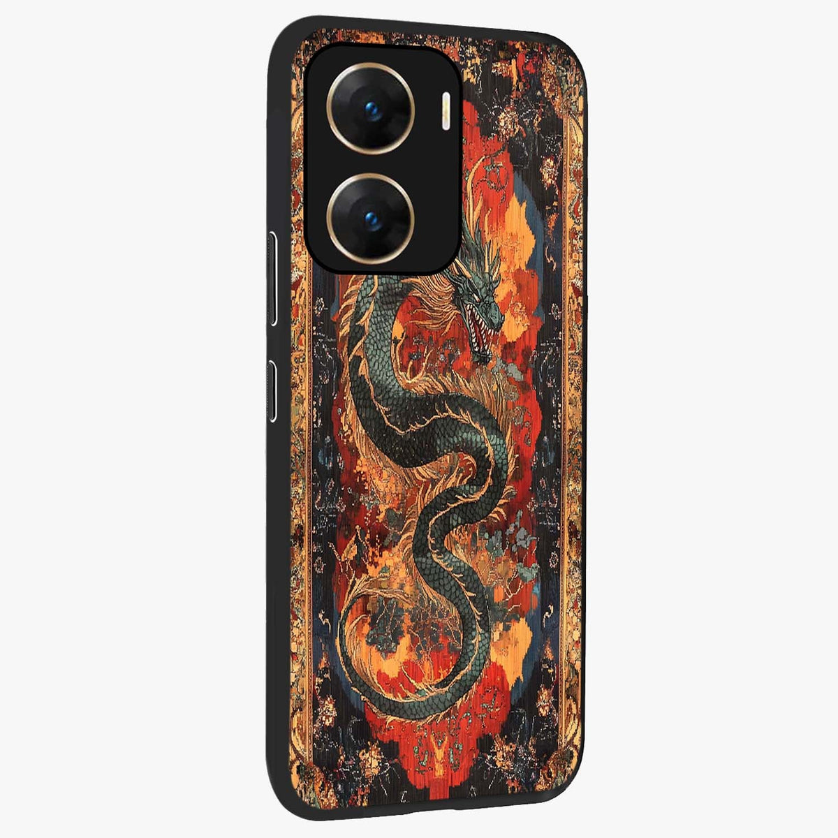 Inferno Dragon Soul Glass Case upright view showcasing intense dragon artwork with fantasy fire theme.