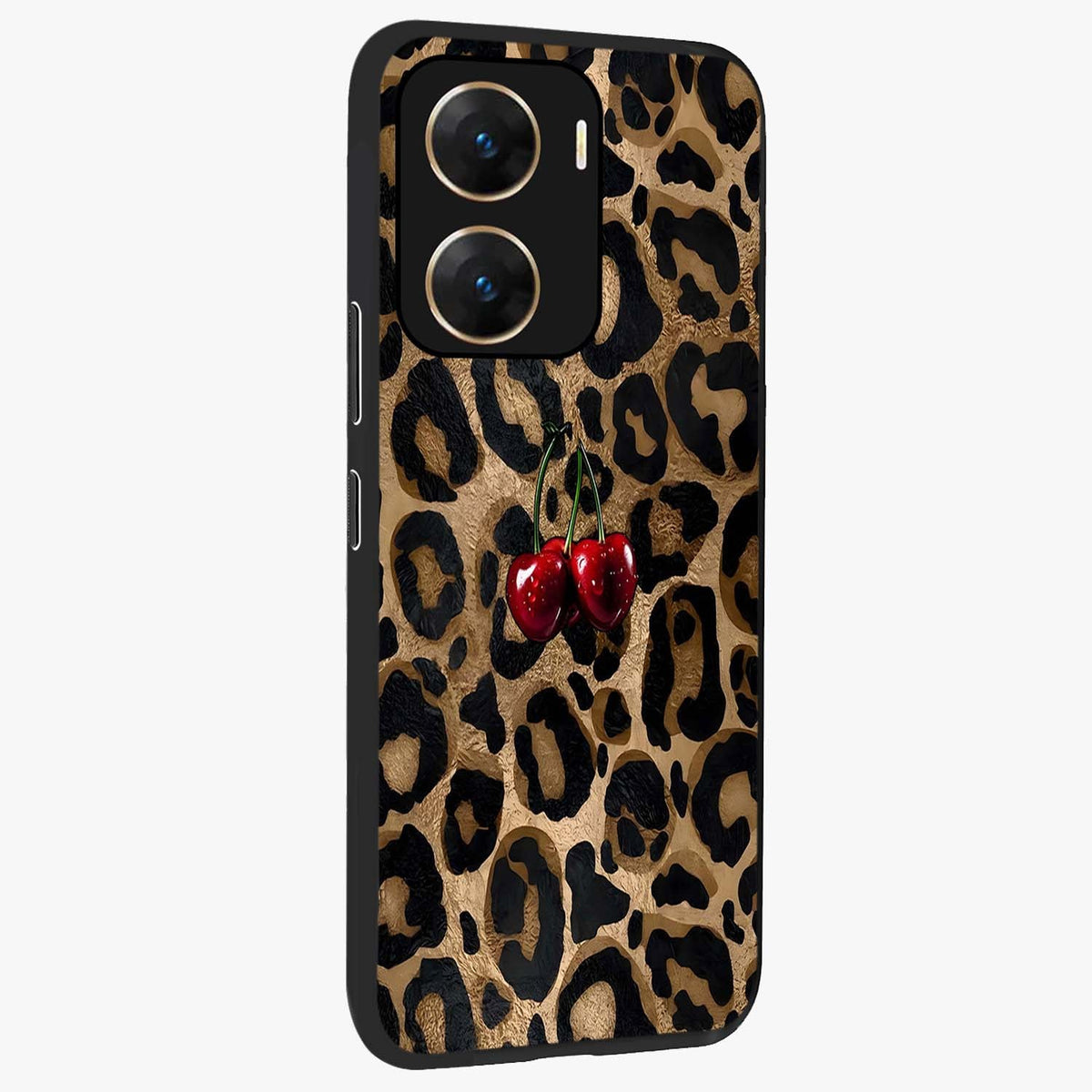 Leopard Wild Cherry Glass Case upright view showcasing stylish leopard pattern artwork with trendy fashion theme.