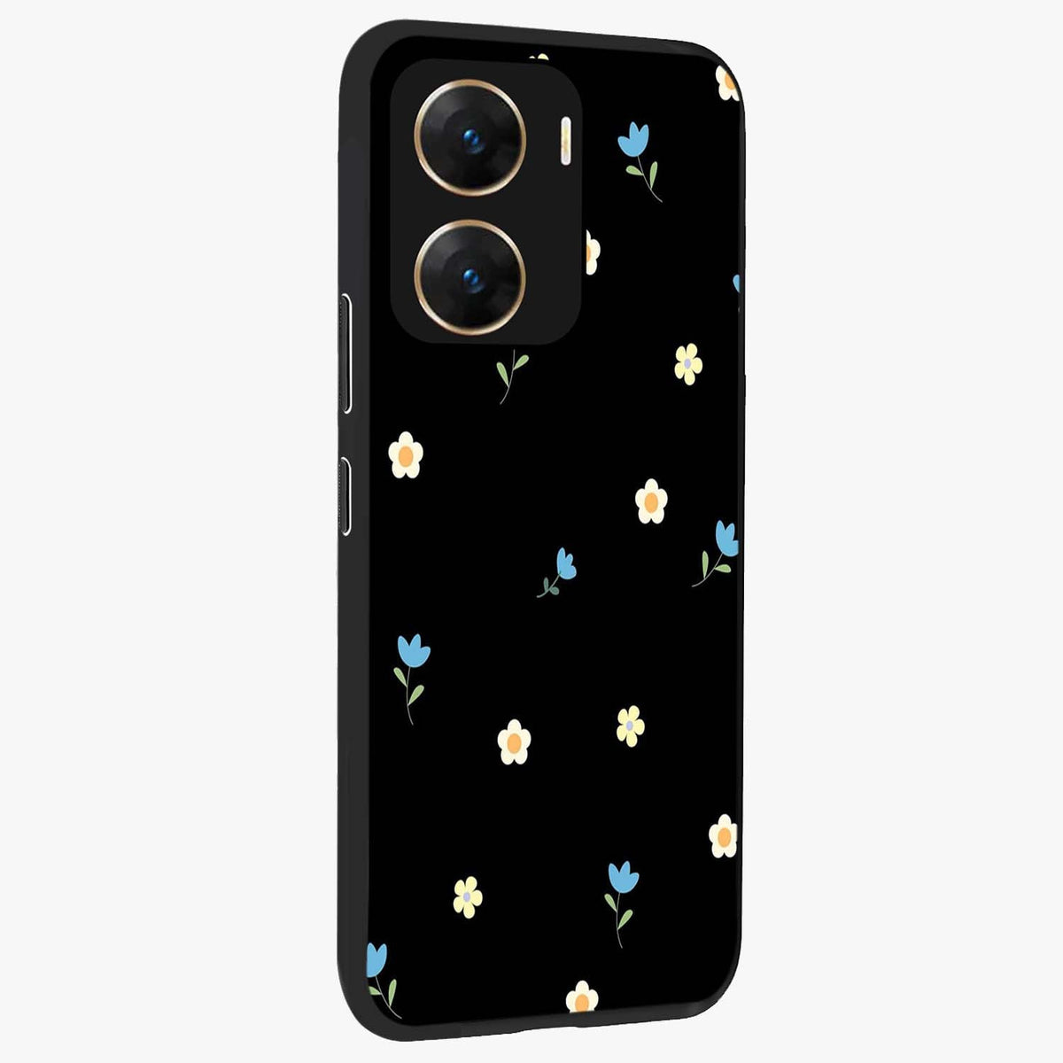 Minimal Petal Whispers Glass Case upright view showcasing elegant floral artwork with modern minimalist style.