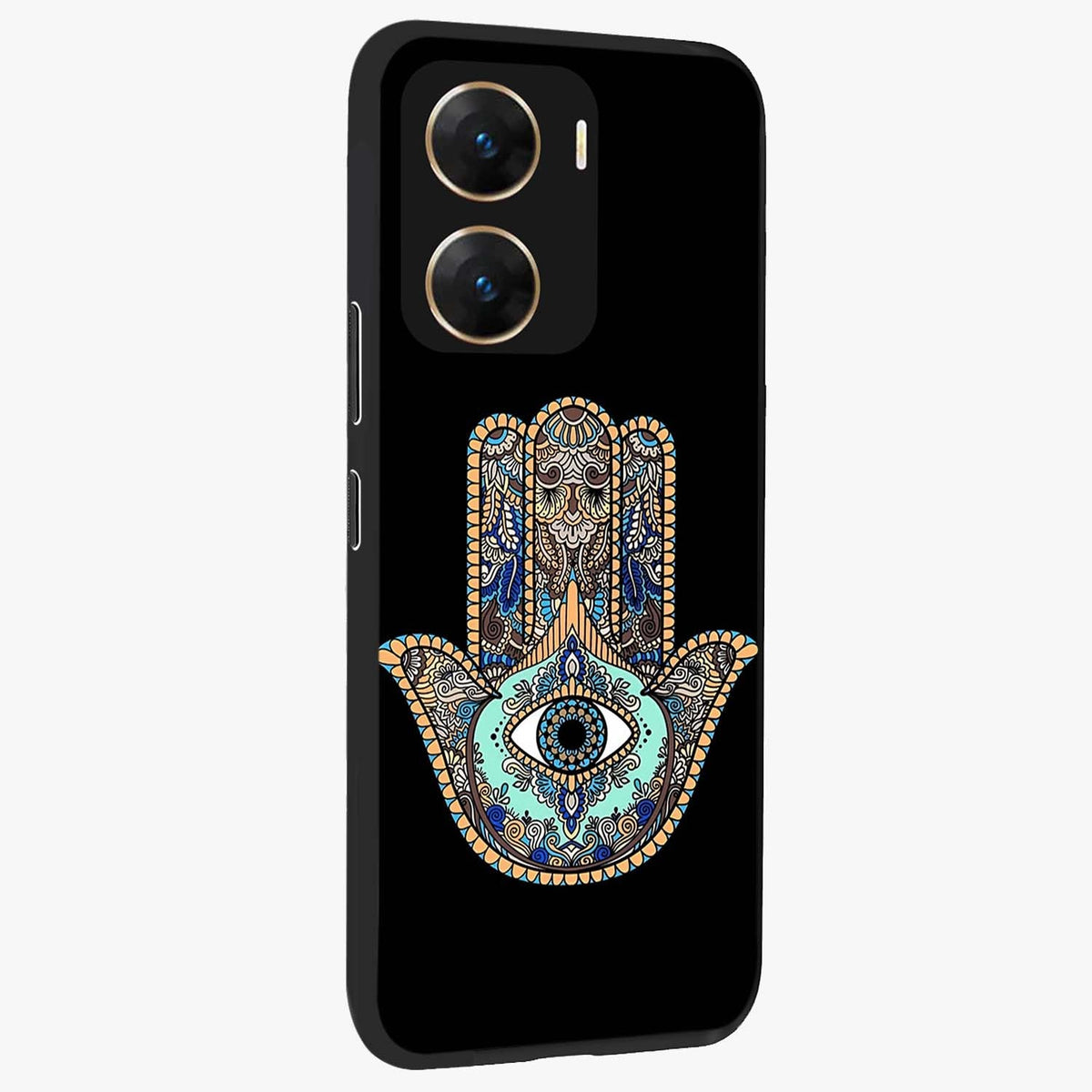 Mystic Hamsa Eye Glass Case upright view showcasing detailed hamsa eye artwork with protective spiritual theme.