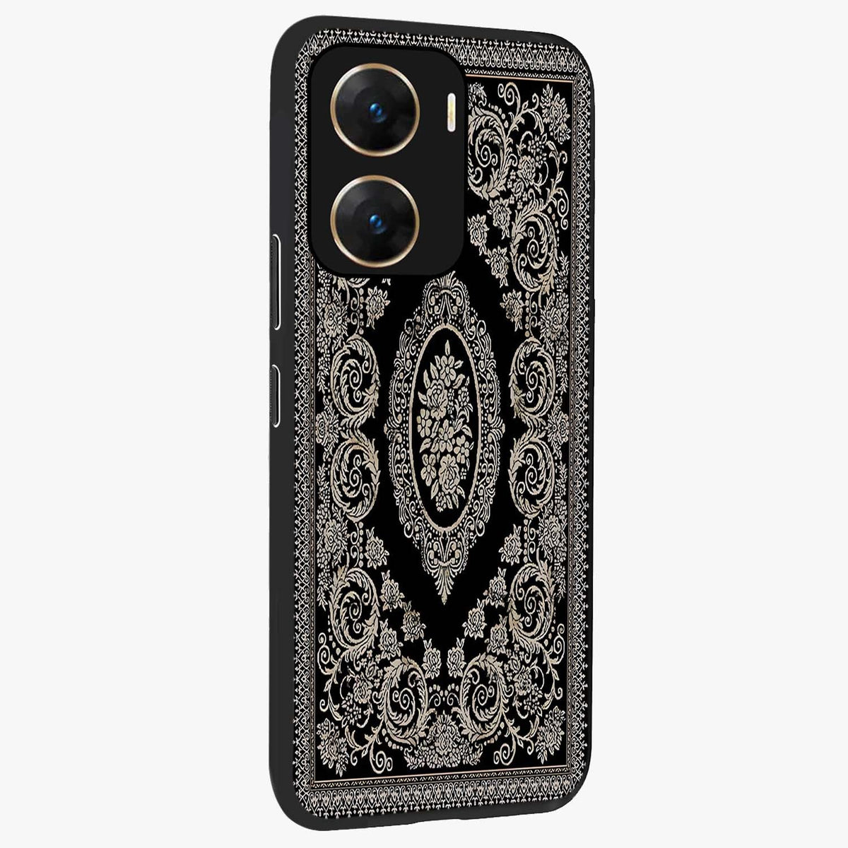 Noir Bloom Elegance Glass Case upright view showcasing graceful floral artwork with luxurious dark theme.