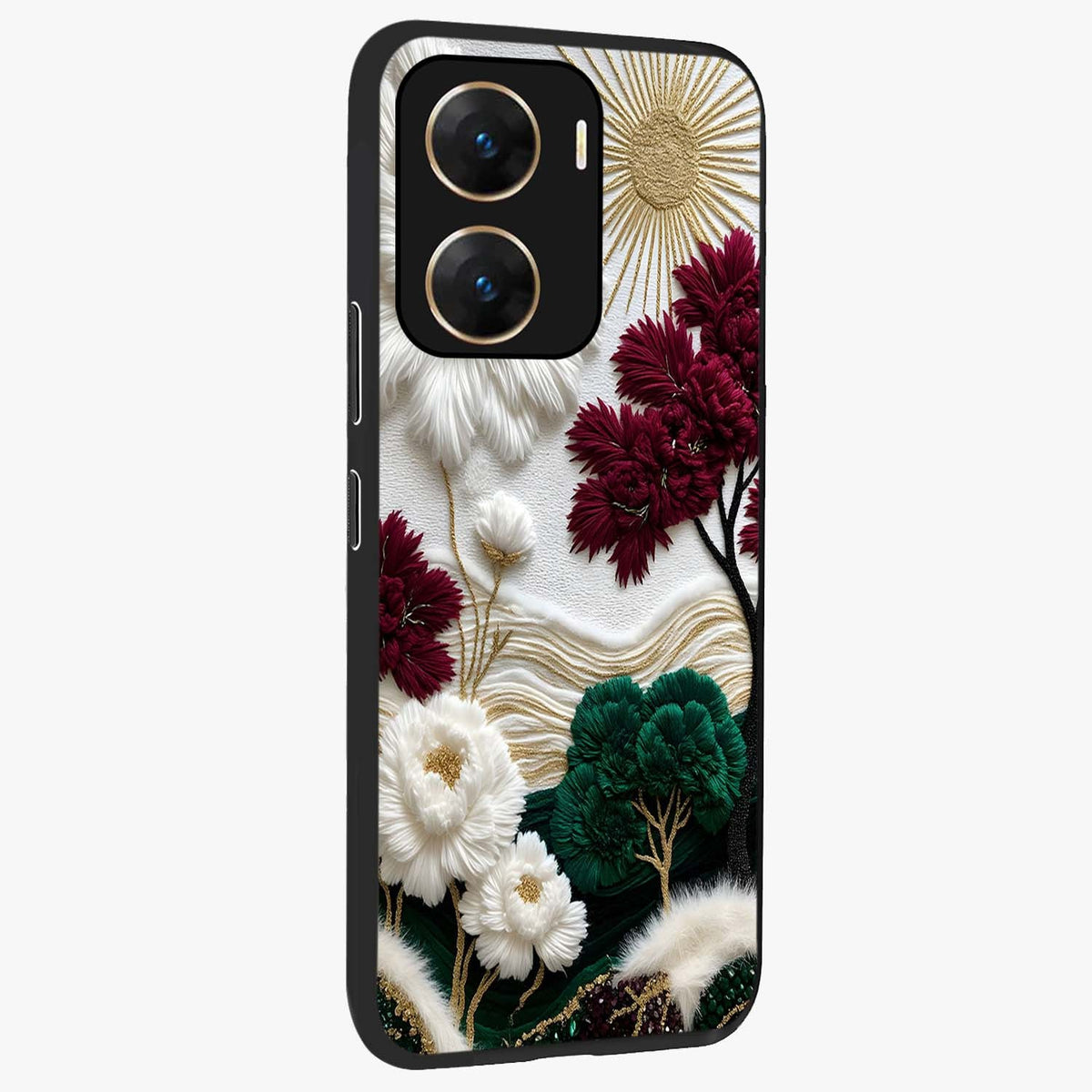 Radiant Bloom Elegance Glass Case upright view showcasing decorative flower artwork with refined botanical theme.