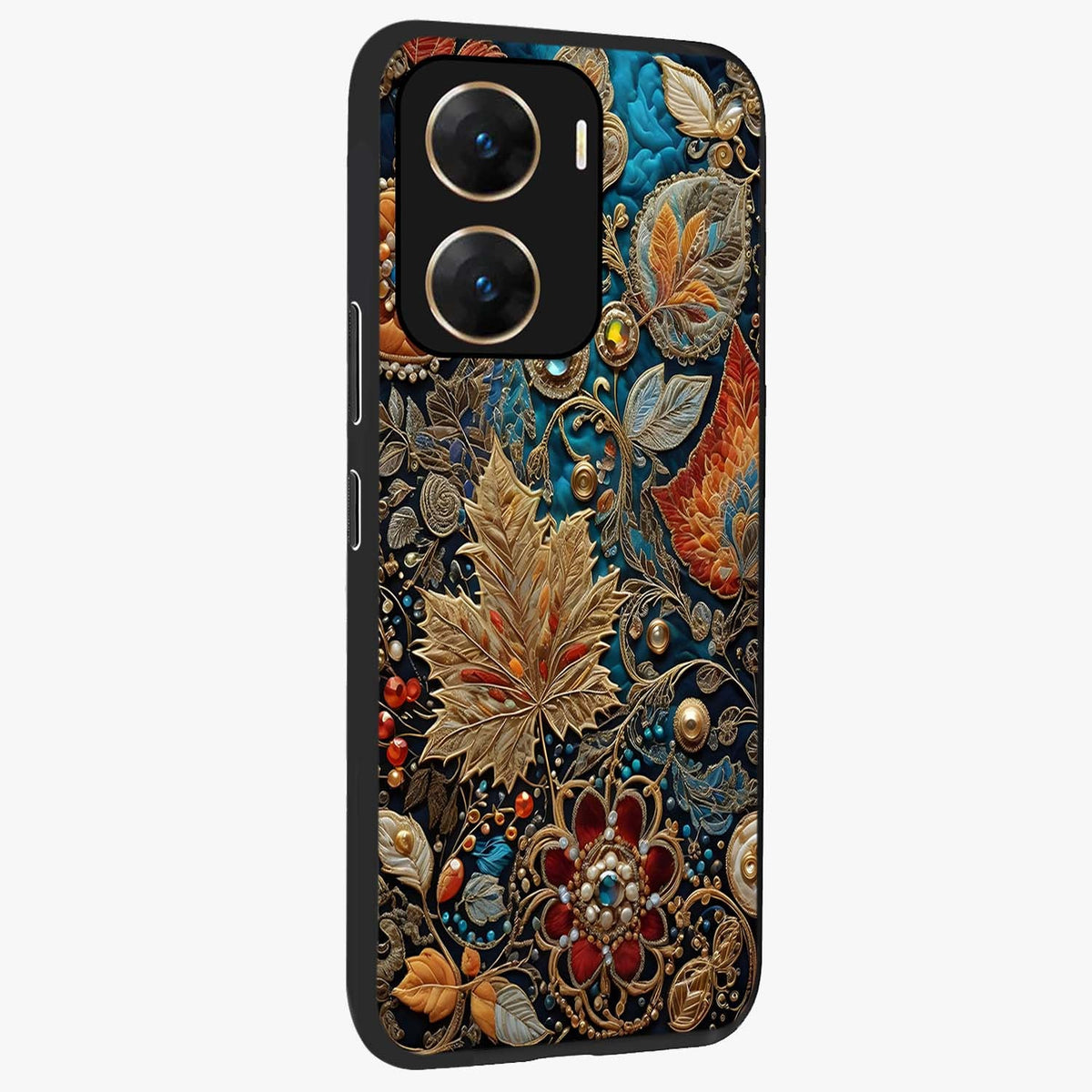 Royal Jewel Garden Glass Case upright view showcasing rich floral artwork with luxurious garden theme.