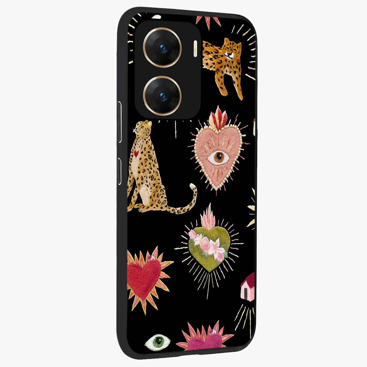 Sacred Jungle Heart Glass Case upright view showcasing vibrant jungle artwork with symbolic heart theme.