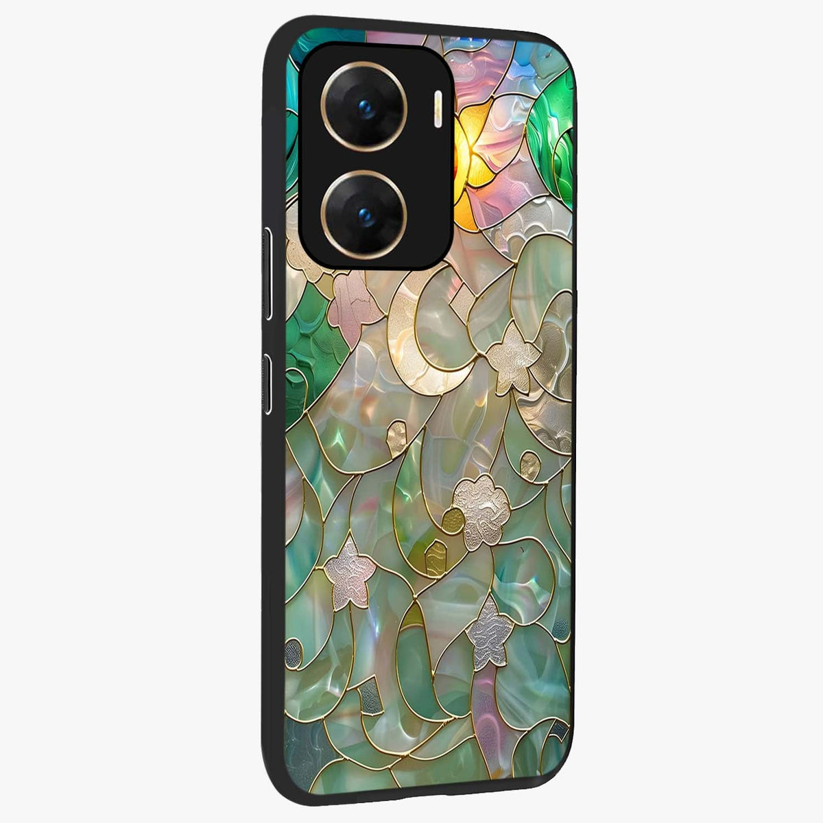 Stained Sunrise Glow Glass Case upright view showcasing colorful sunrise artwork with warm morning theme.
