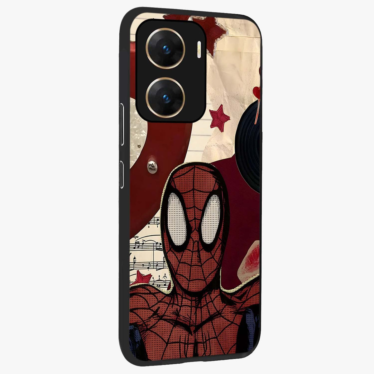 Web Warrior Vibes Glass Case upright view showcasing energetic superhero artwork with bold action theme.
