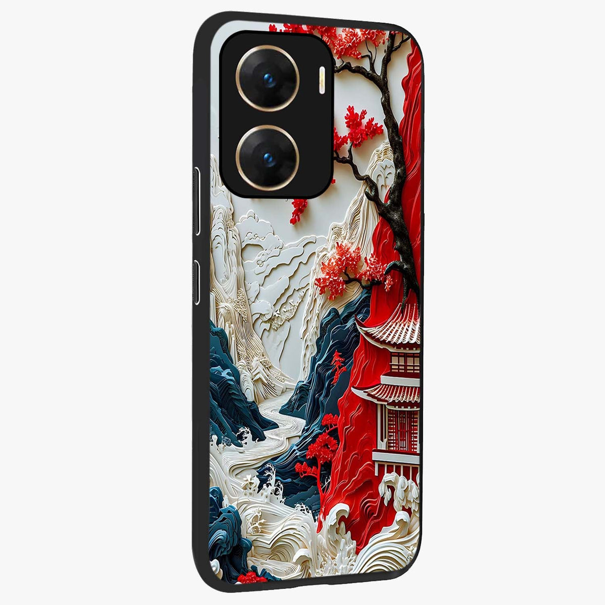 Whispers Of Sakura Waves Glass Case upright view showcasing delicate cherry blossom artwork with elegant nature theme.