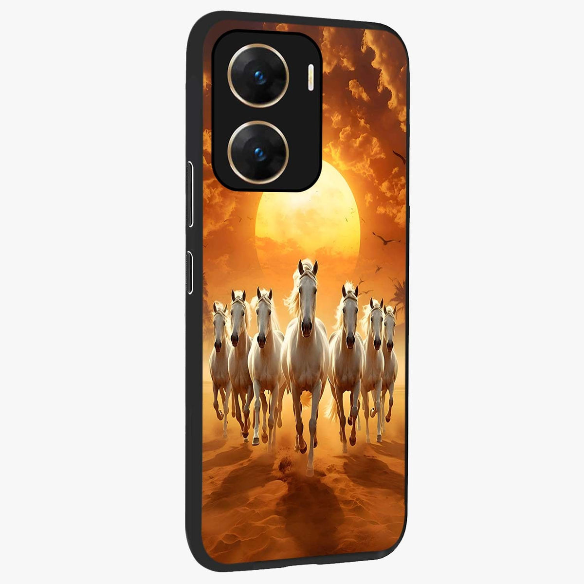 Wild Sunset Majesty Glass Case upright view showcasing dramatic sunset artwork with bold nature theme.