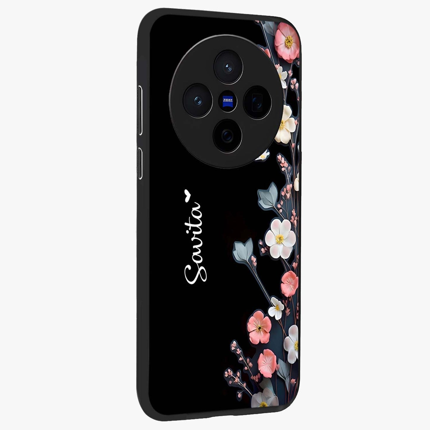 Black Elegance Floral Custom Name Glass Case upright view showcasing luxurious black floral design with personalized name detail.