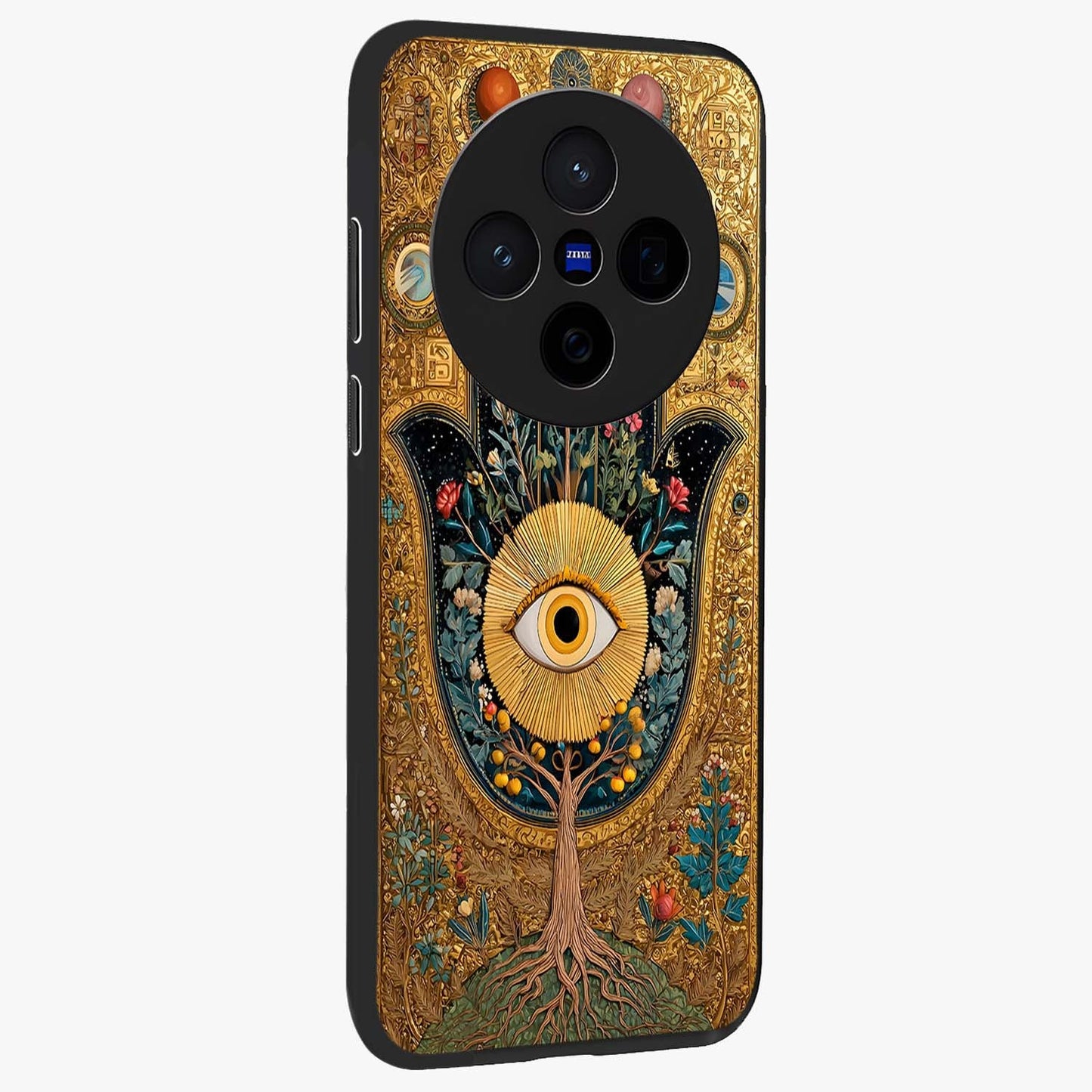 Ethereal Evil Eye Glass Case upright view showcasing celestial evil eye artwork with mystical theme.