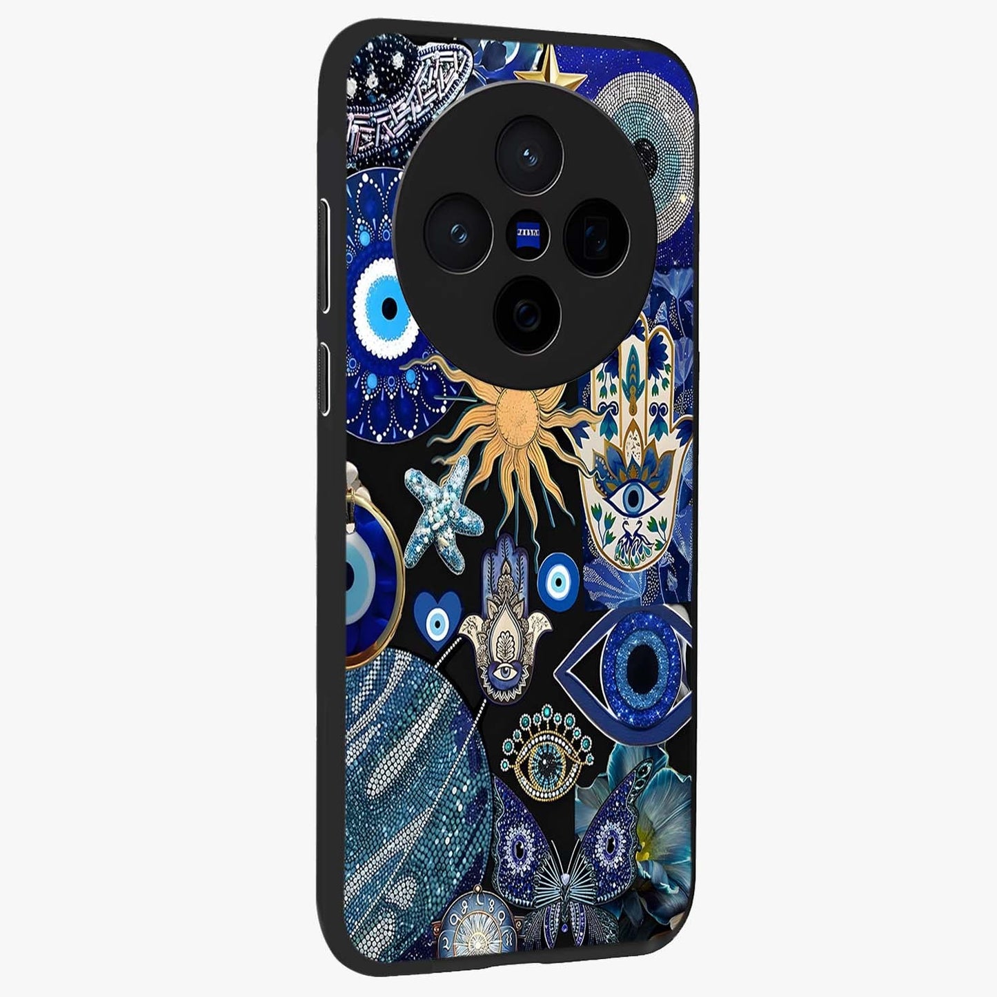 Evil Eye Charm Mix Glass Case upright view showcasing mystical evil eye pattern with vibrant decorative style.