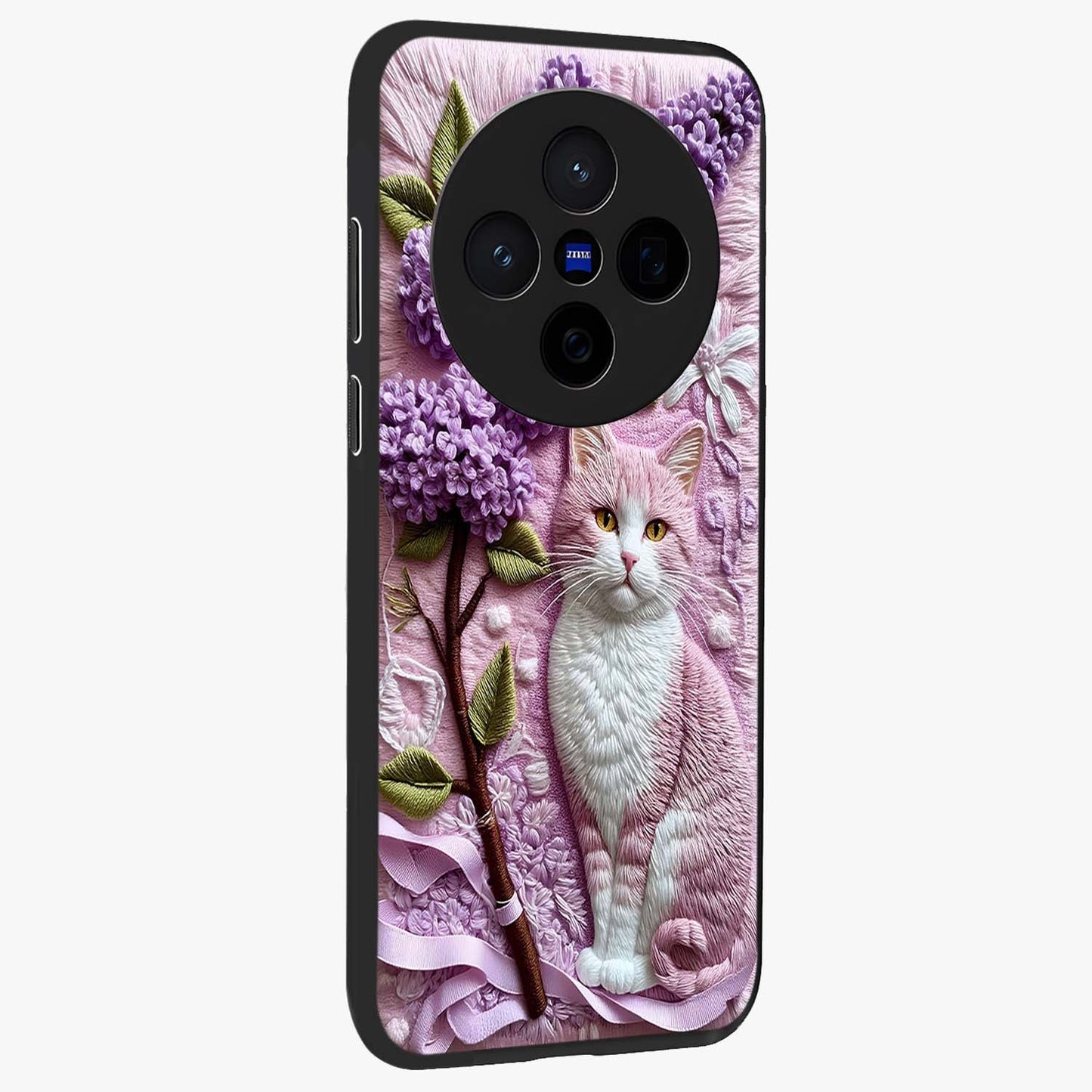 Lavender Cat Whimsy Glass Case upright view showcasing charming cat artwork with whimsical lavender theme.