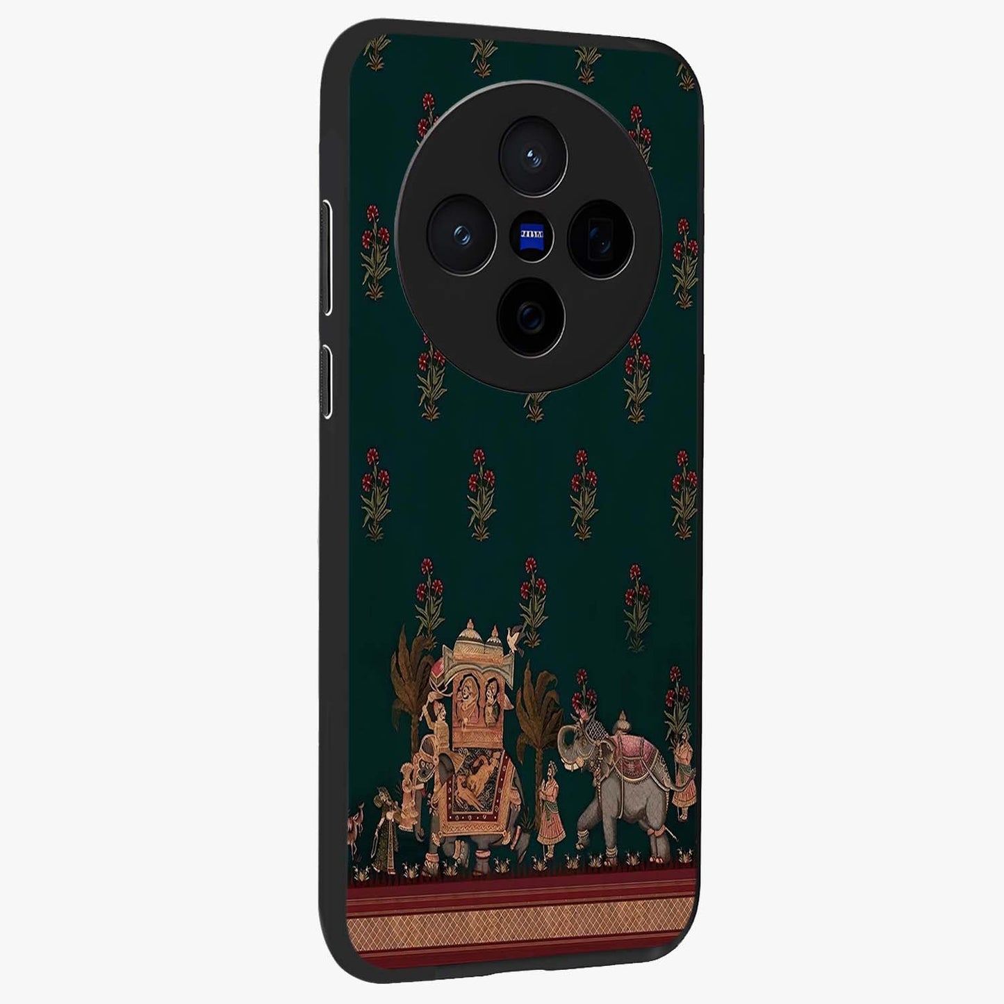 Macmerise Glass Case upright view showcasing bold artistic artwork with contemporary design theme.