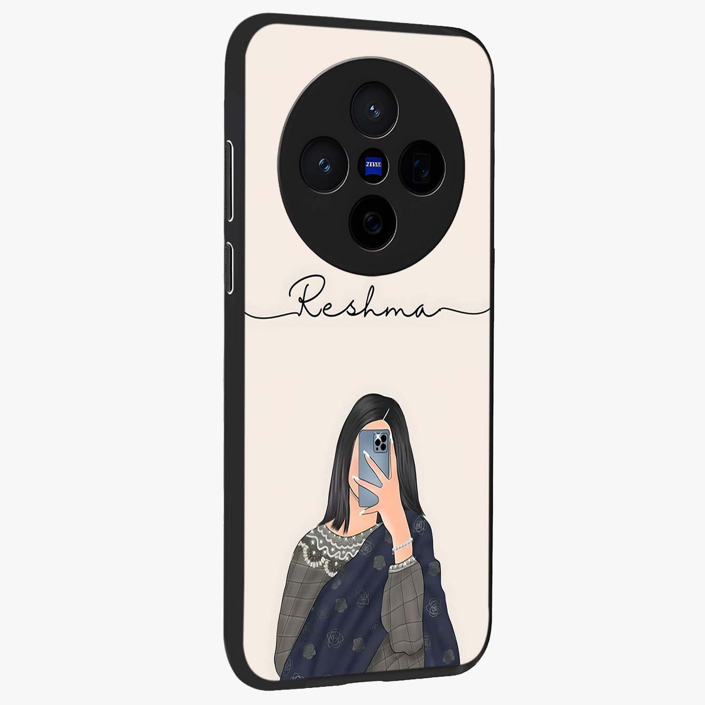 Mirror Mood Muse With Custom Name Glass Case upright view showcasing artistic mirror themed artwork with personalized aesthetic.