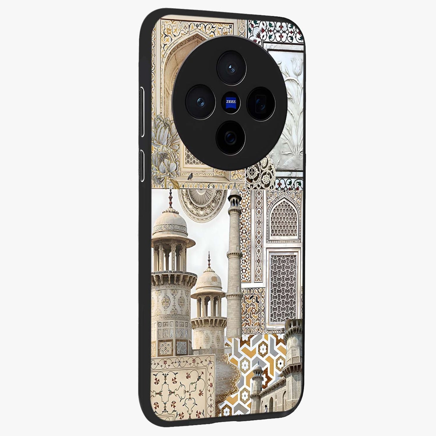 Mughal Marble Legacy Glass Case upright view showcasing ornate Mughal design with luxurious traditional theme.