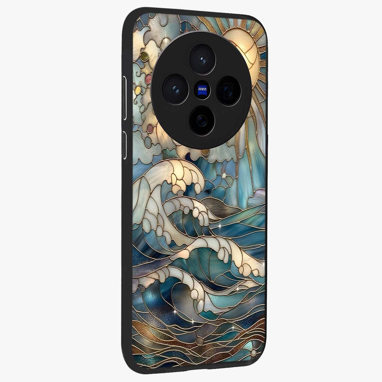 Oceanic Stained Printed Glass Case upright view showcasing decorative ocean pattern artwork with vibrant marine theme.