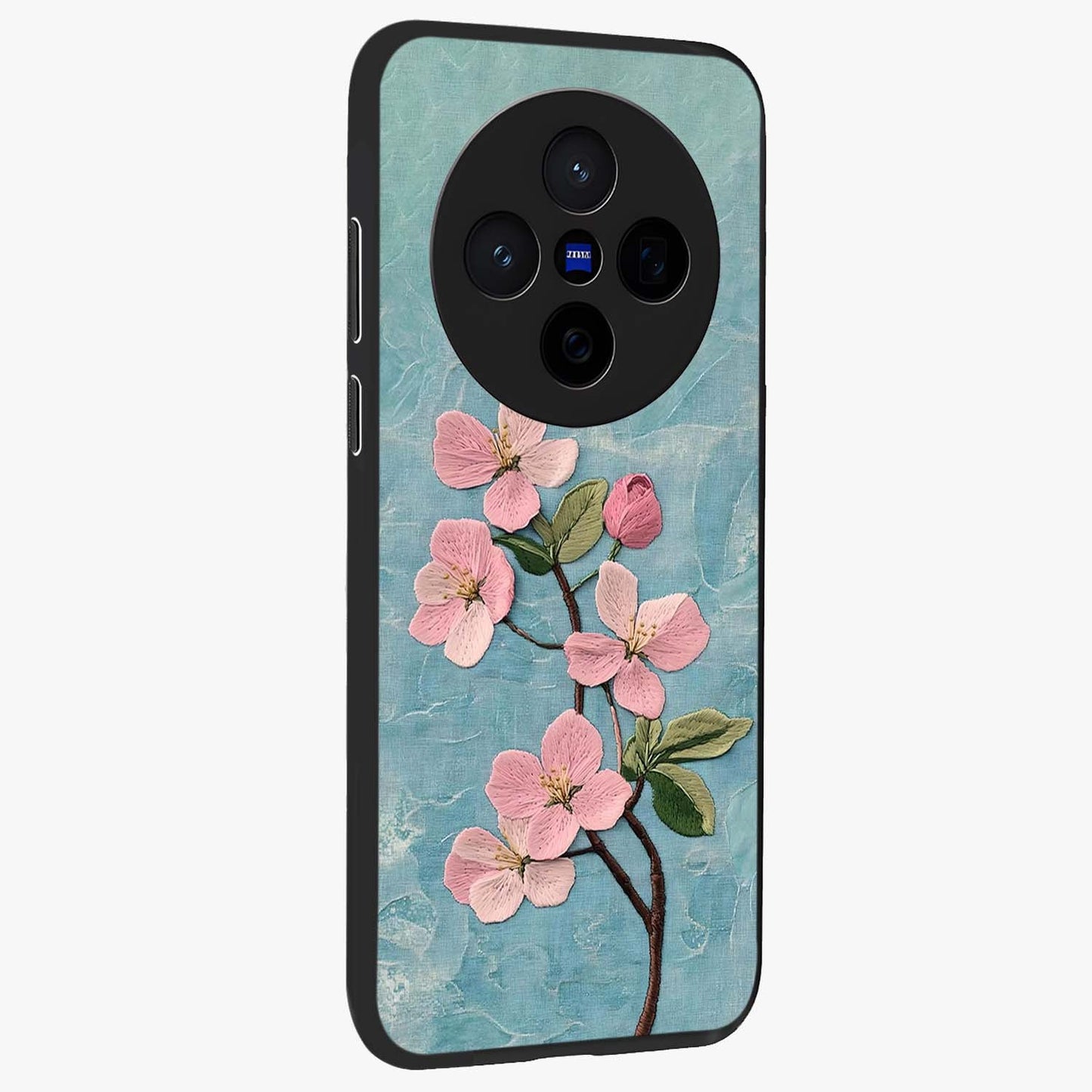 Threaded Blossom Breeze Glass Case upright view showcasing graceful flower artwork with calm botanical theme.