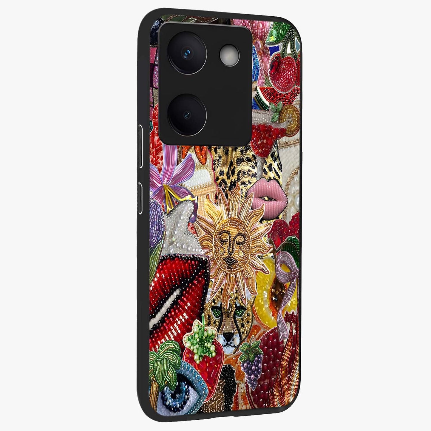 Beaded Fashion Jungle Glass Case upright view showcasing tropical jungle aesthetic with decorative bead elements.